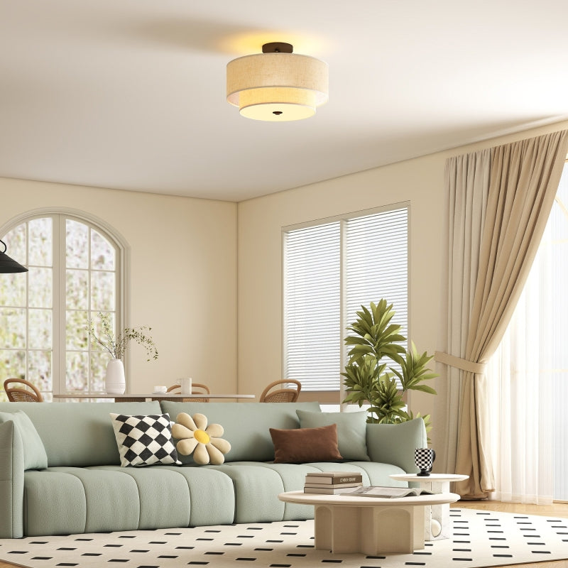 Ceiling Lamp, Double Shades, Pendant Light, Linen Look, Cream White