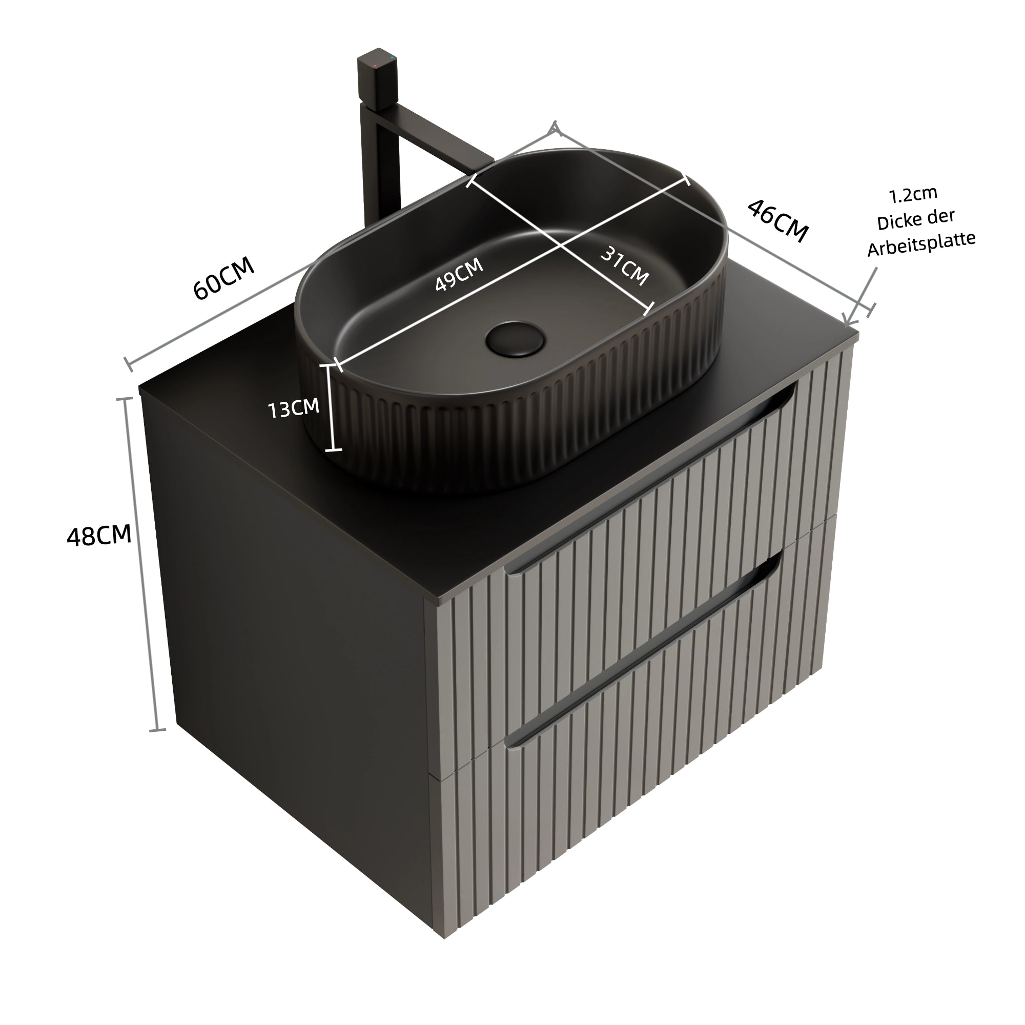 Floating Bathroom Vanity Unit with Oval Sink and Sintered Stone Top, Dark Grey