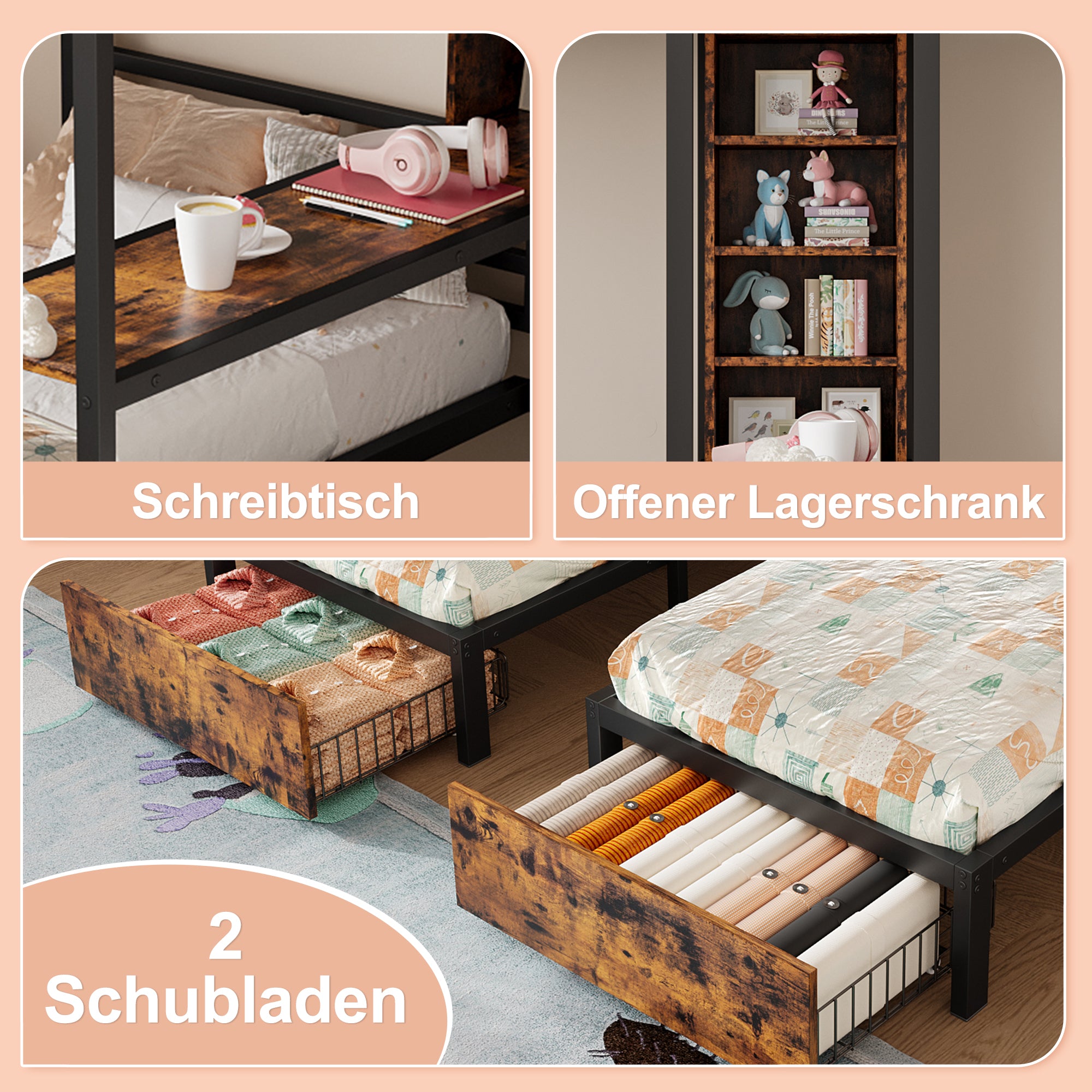 Bunk Bed 3 Beds 140x200 + 90x200 Storage Drawers Black