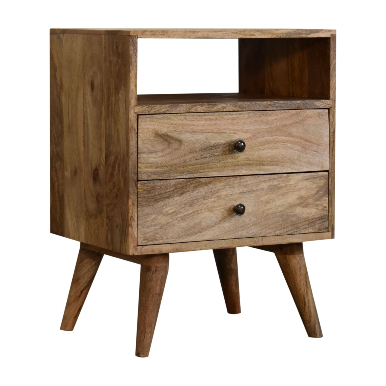 Solid Wood Bedside Table, 2 Drawers 1 Slot, Brown/Oak-ish Finish