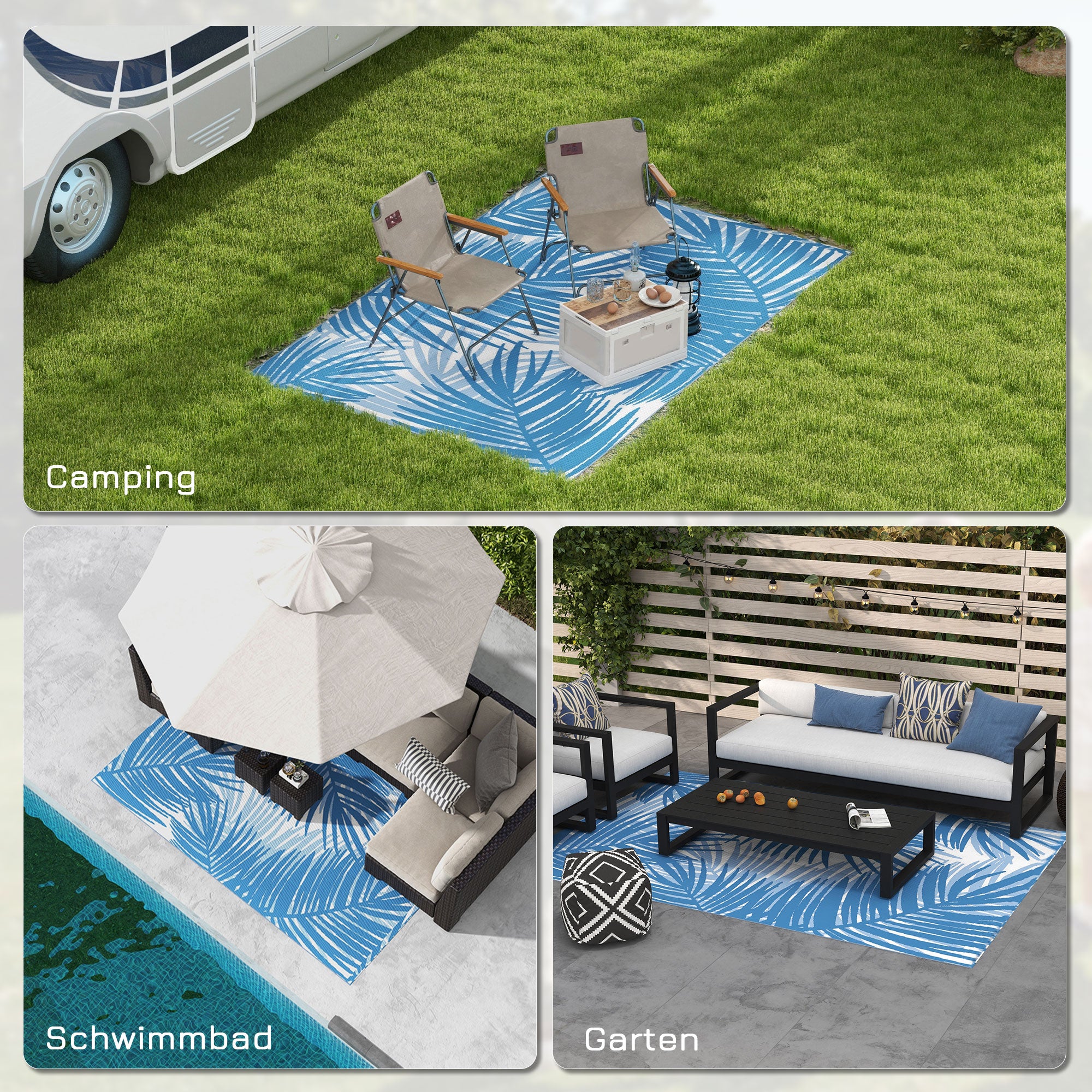 Reversible Rug, 182x274cm Outdoor Camping Patio, Blue Plastic