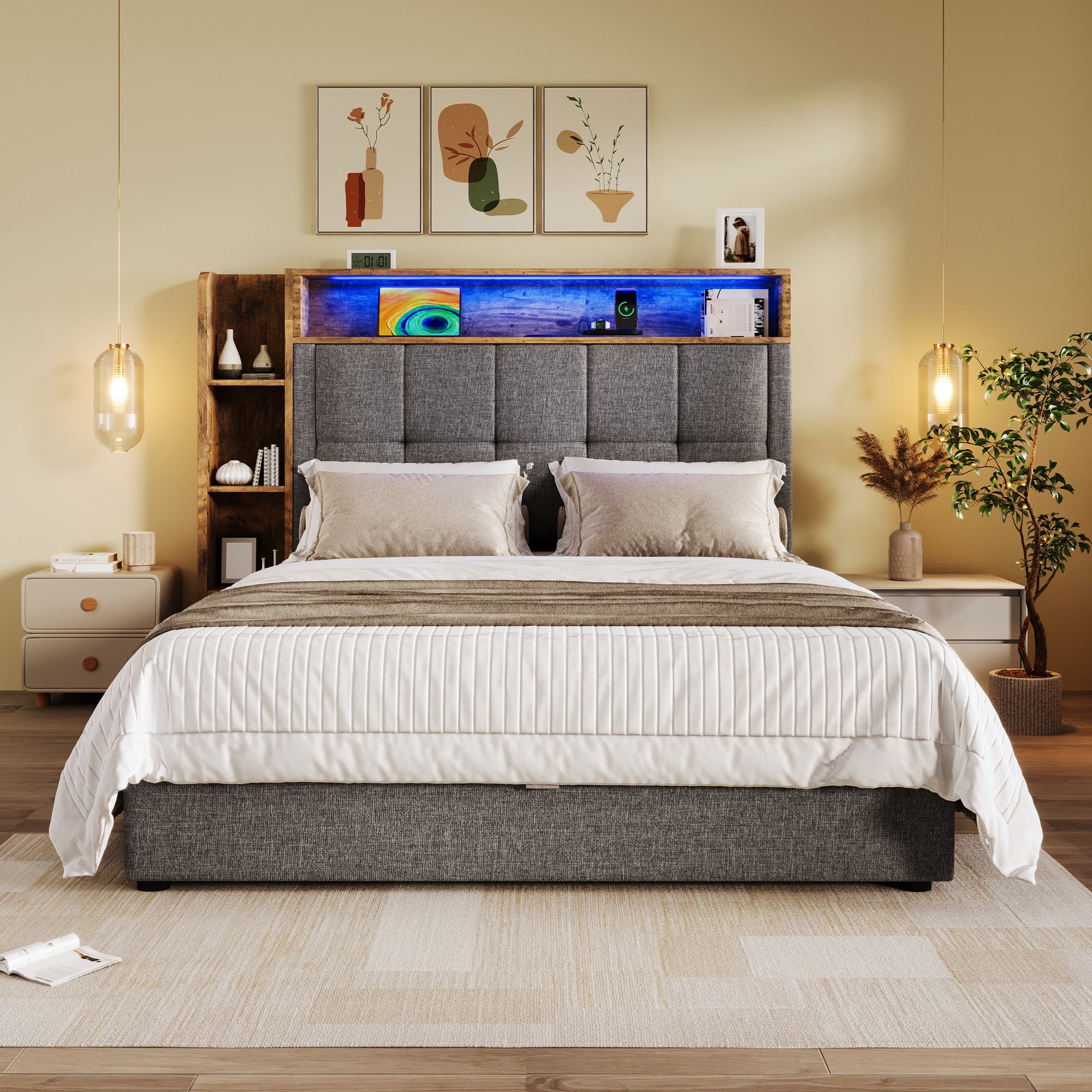 Upholstered Bed 90x200cm Storage LED USB/Type-C App Control - Linen Grey