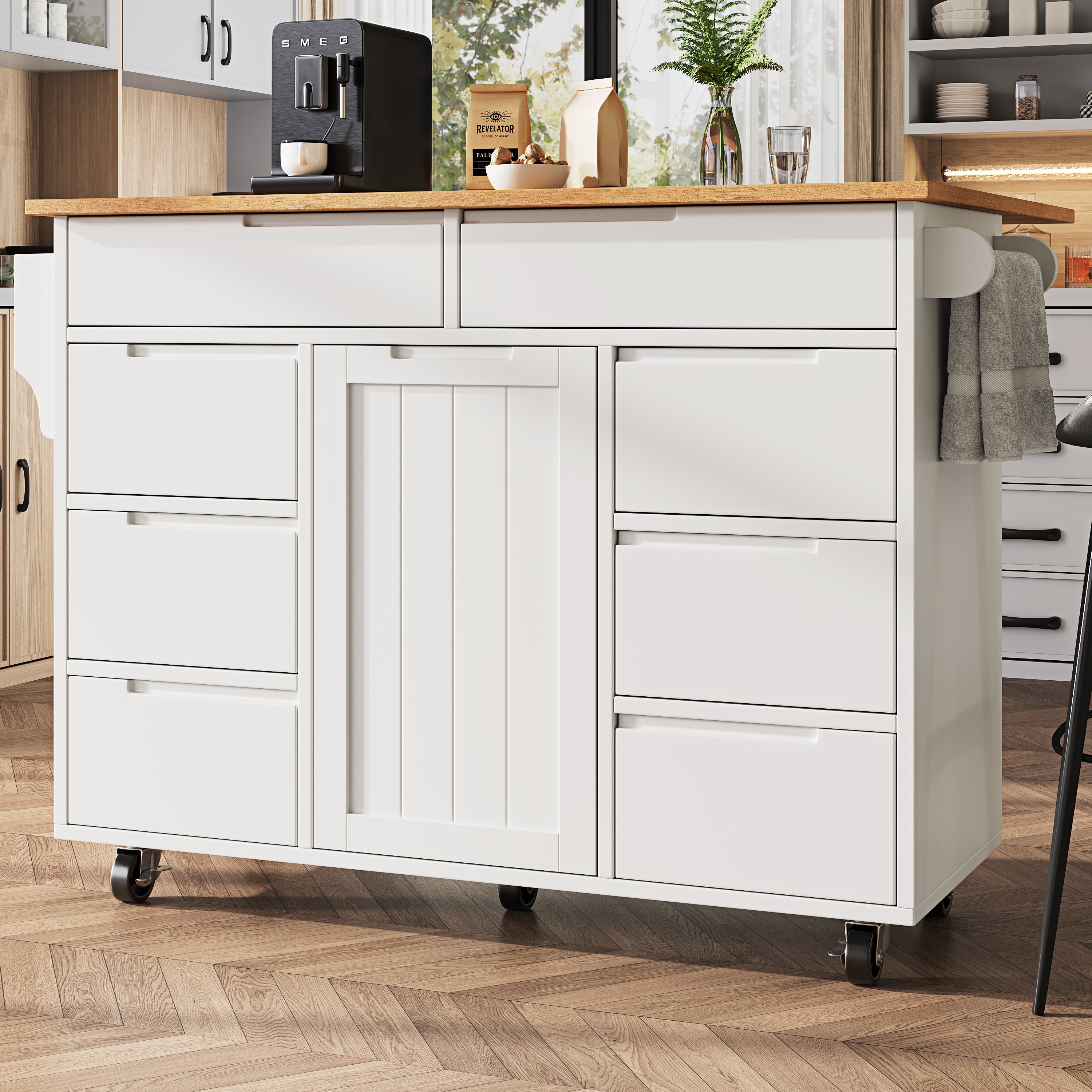 Extendable Kitchen Island Trolley 8 Drawers Worktop Wheels - White