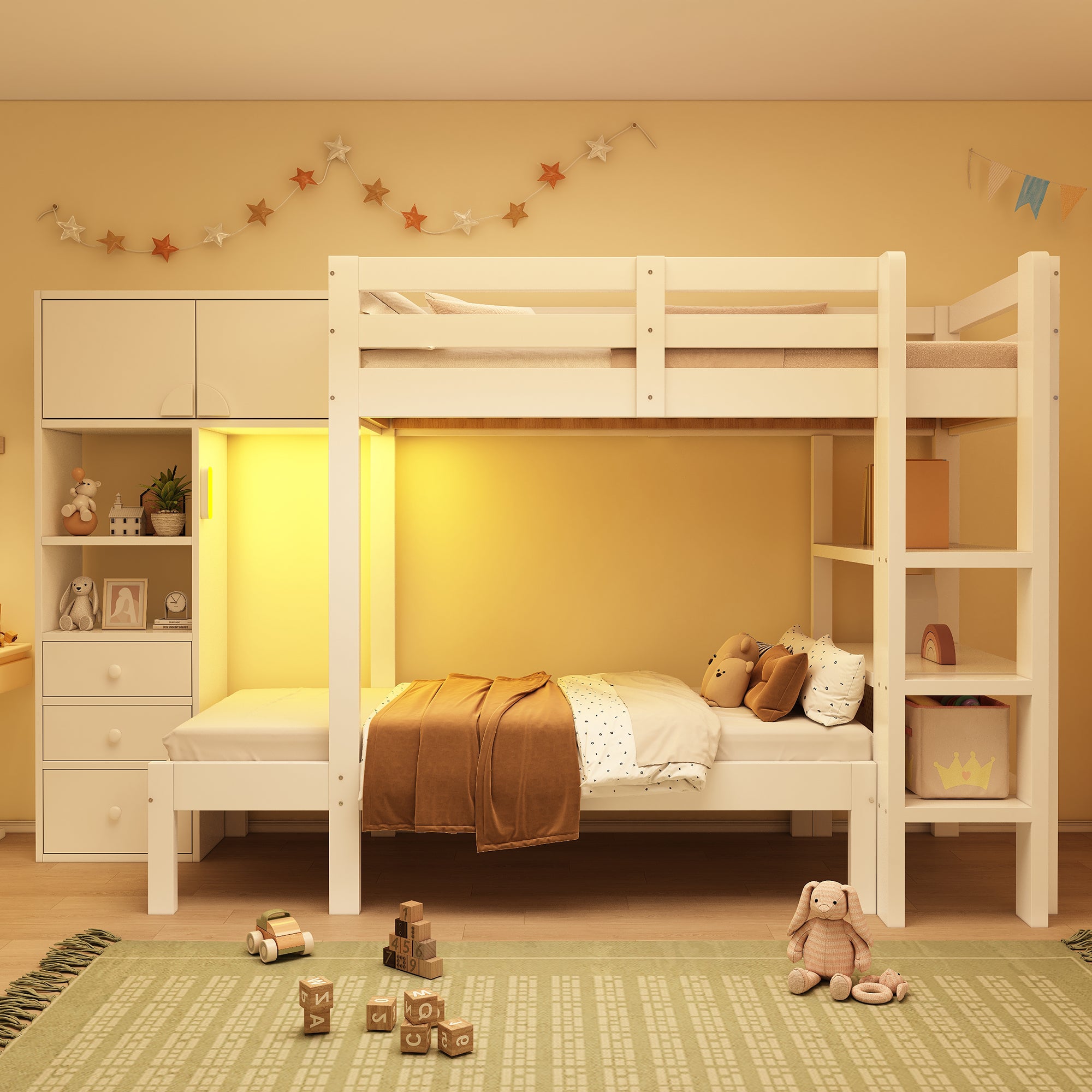 Bunk Bed 90x200cm Staggered Design Smart Night Light Wardrobe Storage, White