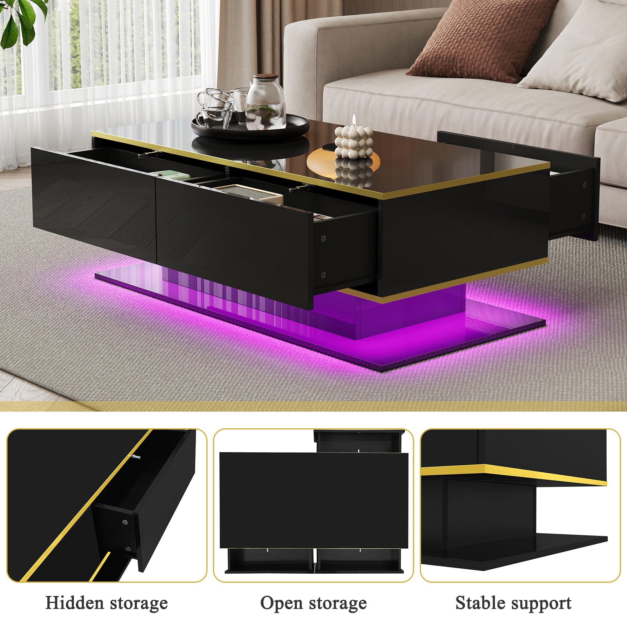 High-Gloss LED Coffee Table Modern 100cm with 3 Drawers USB Light Strip Gold Trim