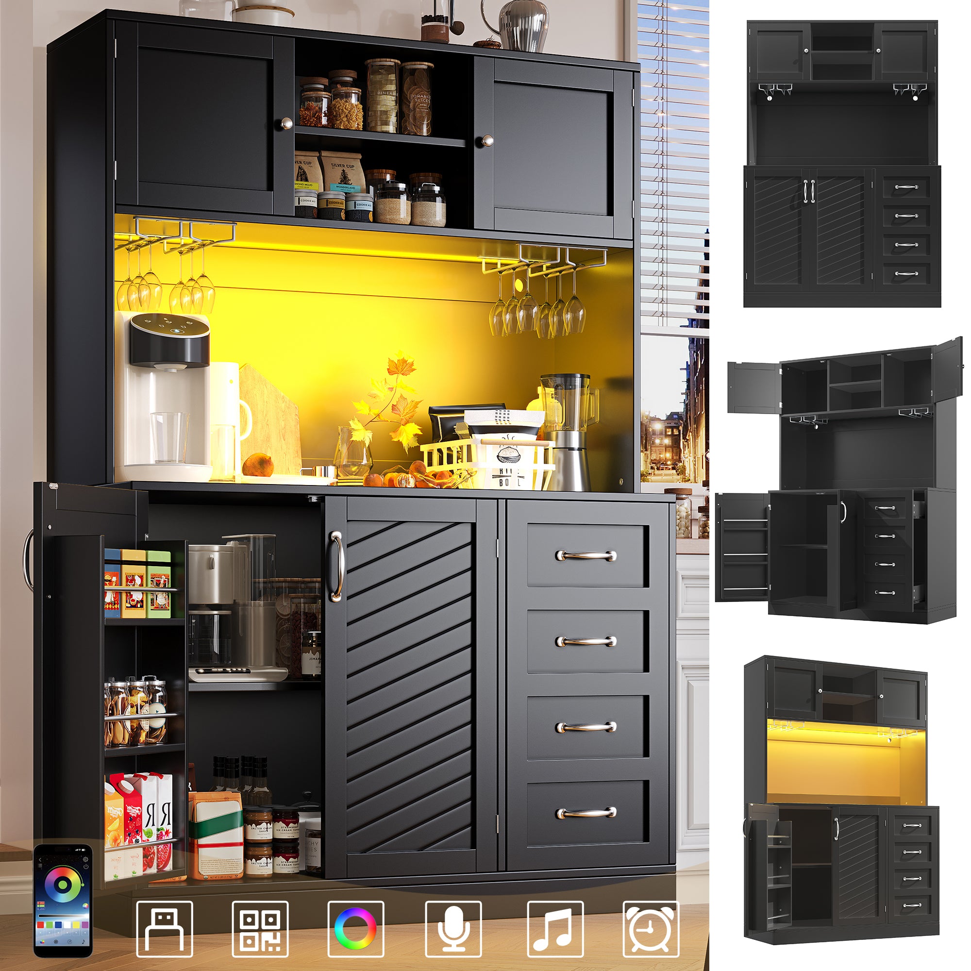 Sideboard Buffet Cabinet with LED Lighting and Snack Shelf, Green, Black and White