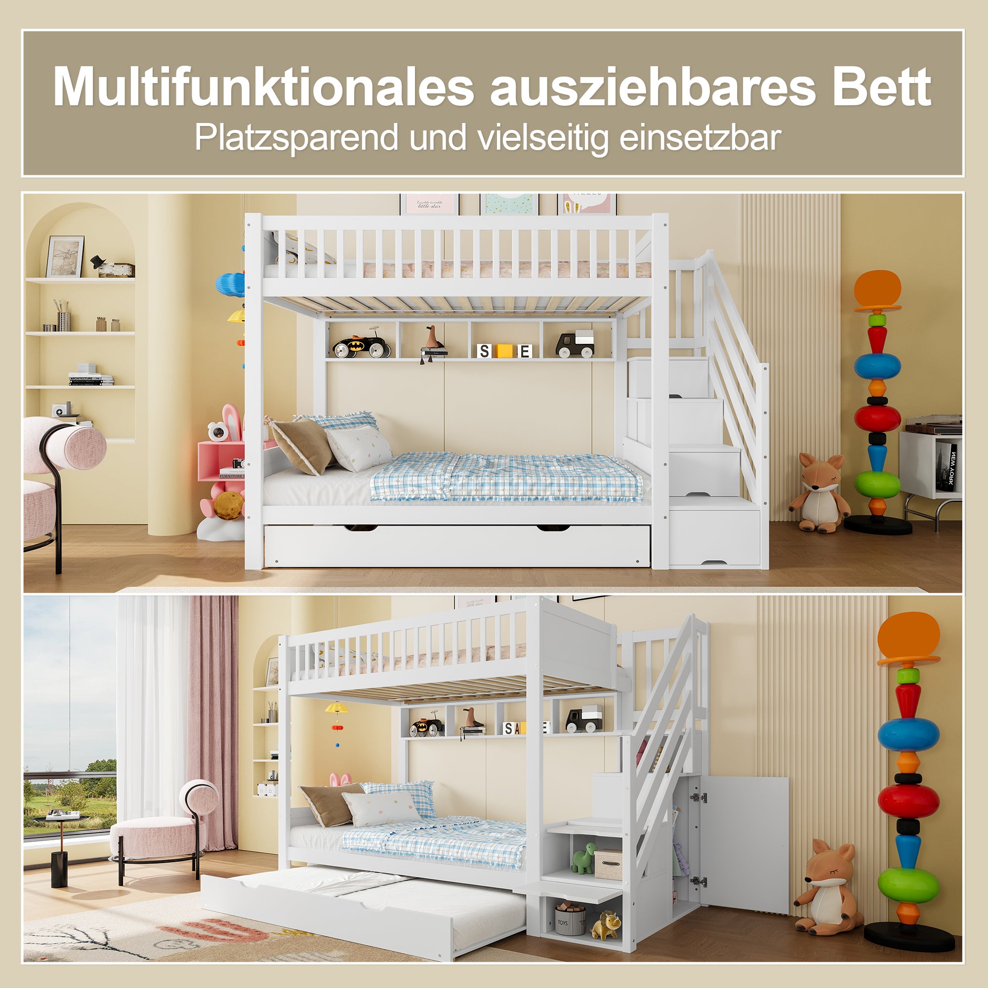 Bunk Bed 90x200cm Pull-out Bed with Shelf, Wardrobe & Storage - White