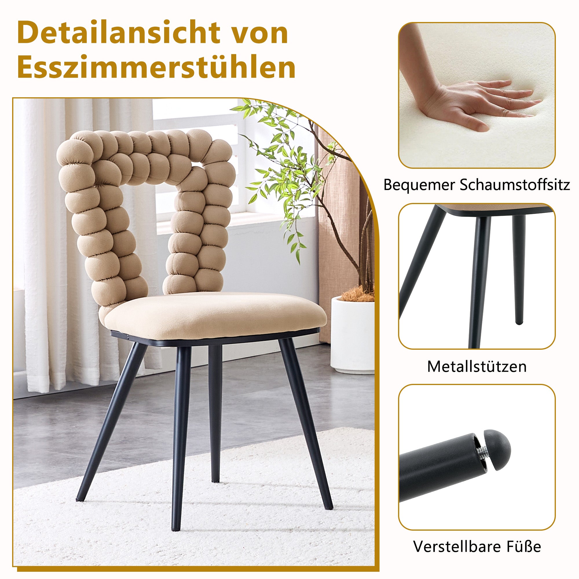 Camel Dining Chairs (Set of 2), Triangular Cutout Backrest, Black Metal Legs, Velvet