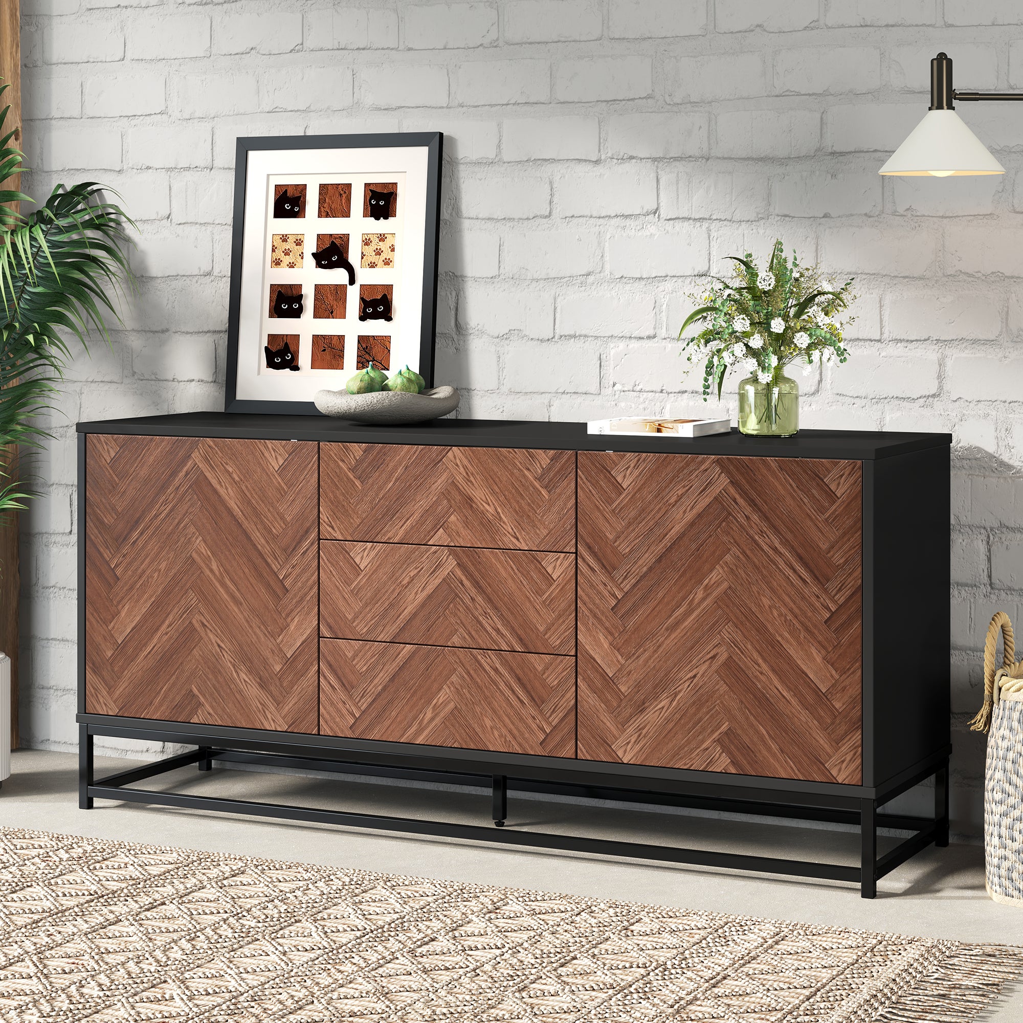 Living Room Cabinet, Modern Chest with 3 Drawers & 2 Doors, Metal Frame, Wood Color + Black