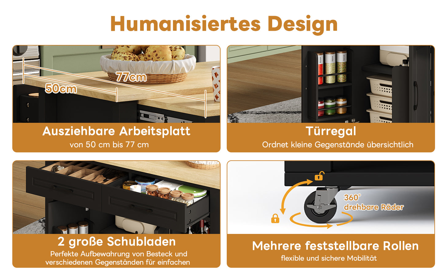 Mobile Kitchen Island with Extendable Bar Counter and Power Outlets, Wood Look