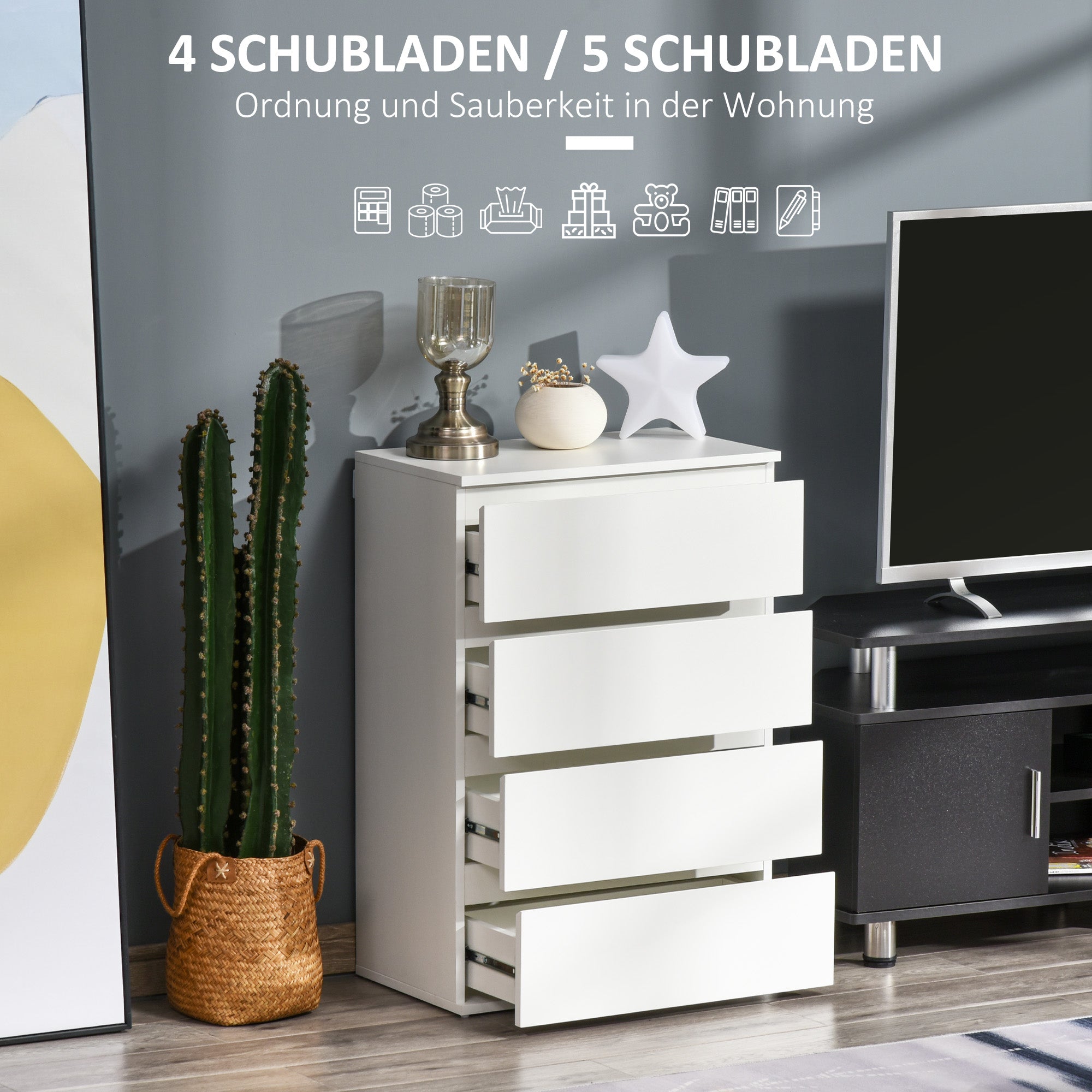 Chest of Drawers, 4 Drawers, Anti-tilt Office Cabinet, White