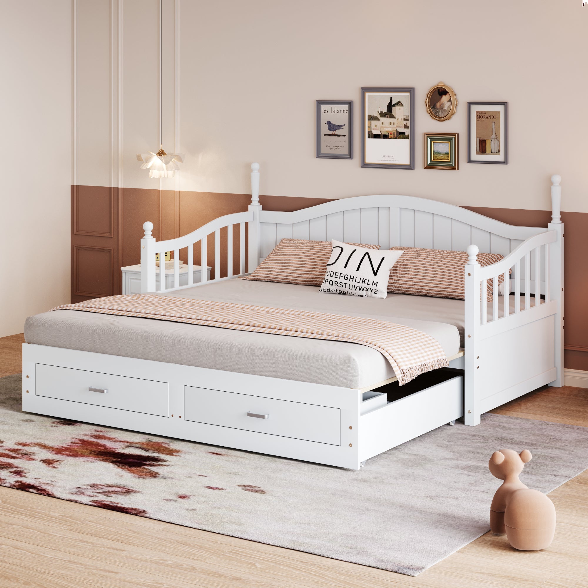 Sofa Bed, Pull-Out Multifunctional with Drawers & Slatted Frame, Pinewood White