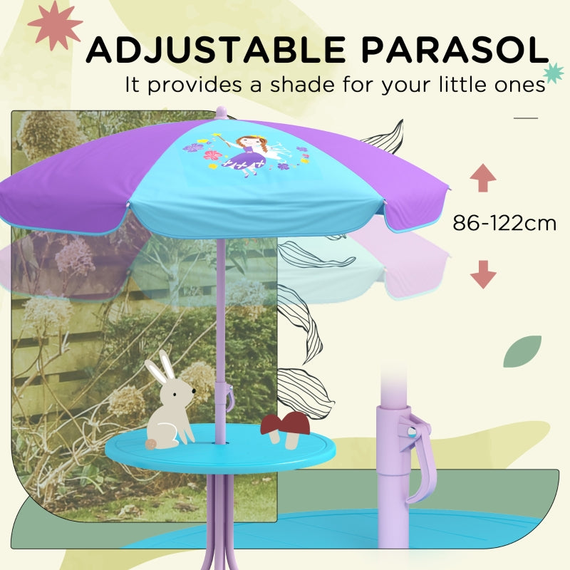 Kids Picnic Table and Chair Set, Fairy Themed w/ Foldable Chairs & Adjustable Parasol, Blue Steel