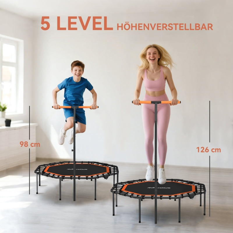 Fitness Trampoline Adjustable Handlebar Stable Indoor - Steel Orange