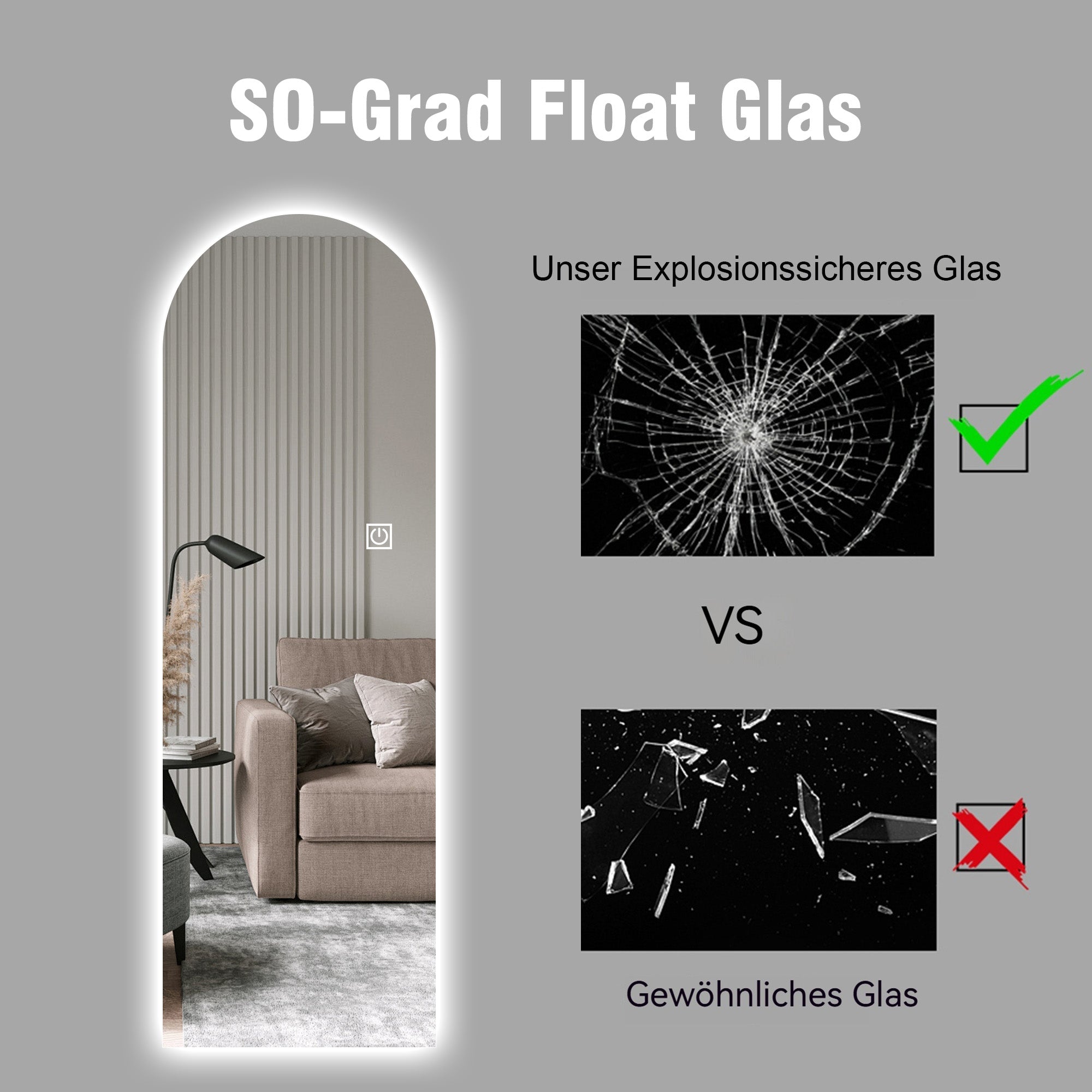 Arched LED Full-Length Mirror, Dimmable High-Resolution Explosion-Proof, Stand or Wall Mountable