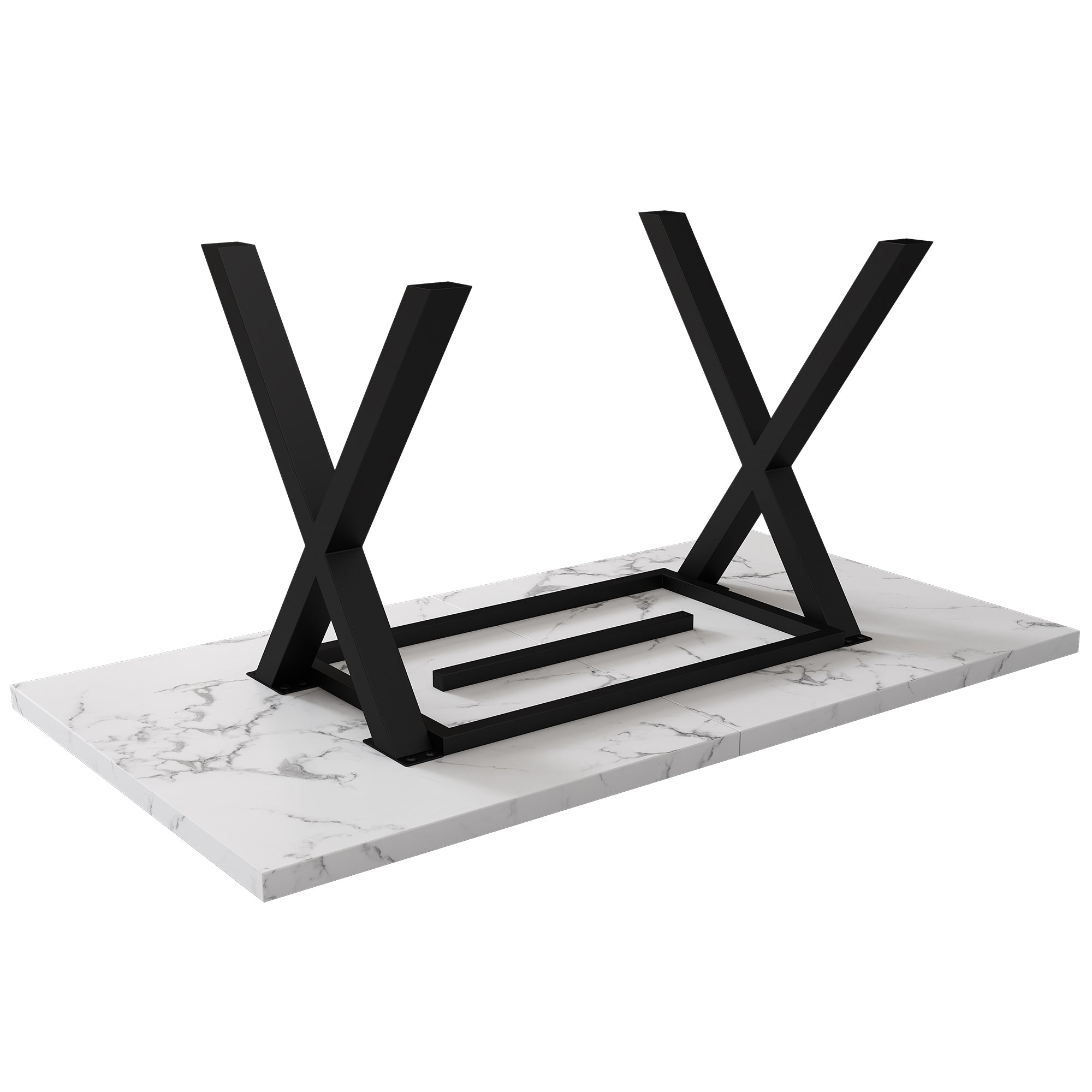 Dining Table Rectangular Crossed Legs Wrought Iron Marble Effect 140x80cm - Black and White