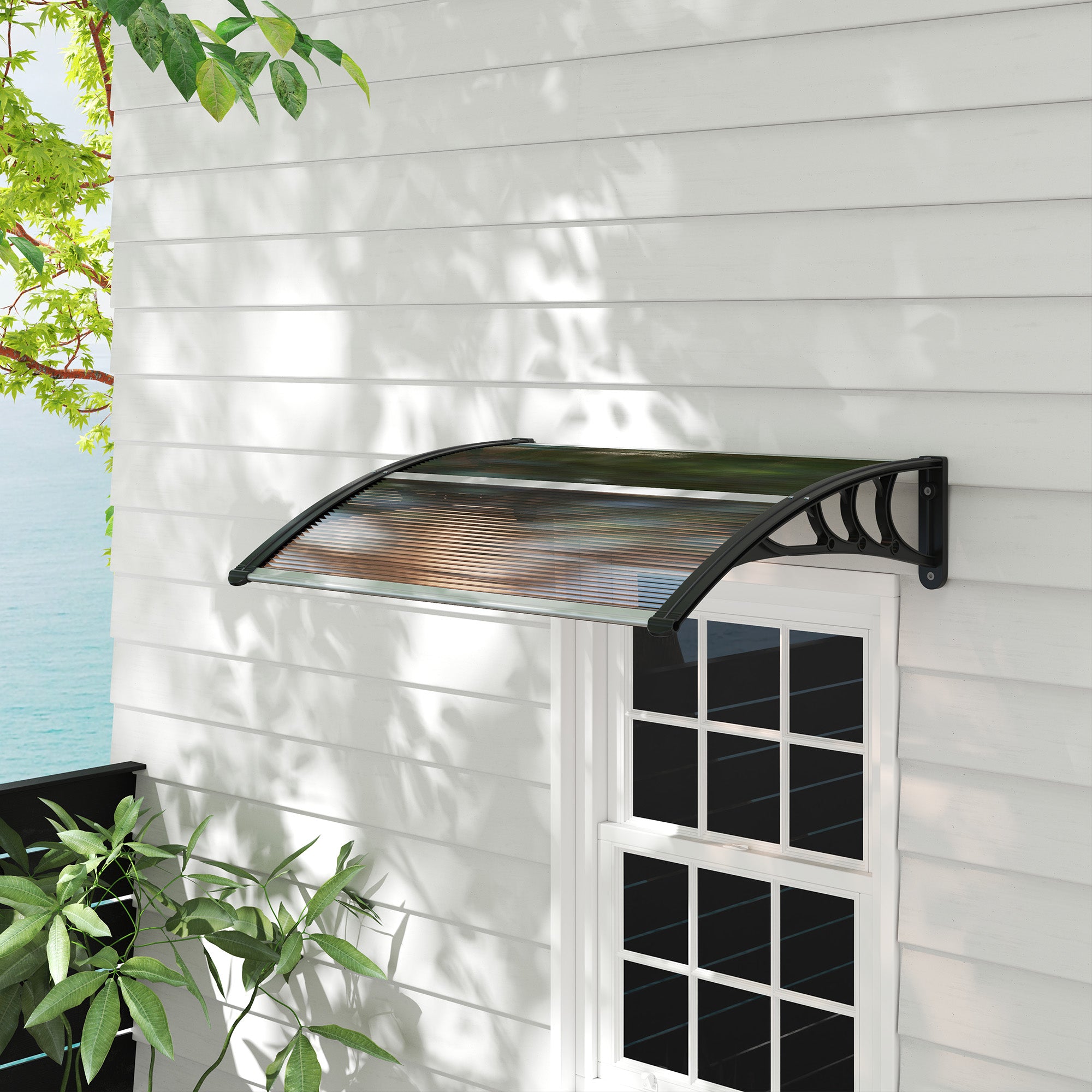 Front Door Canopy Outdoor Awning, UV Water Rain Resistant 120 x 75cm, Aluminium Rigid Plastic Polycarbonate, Brown