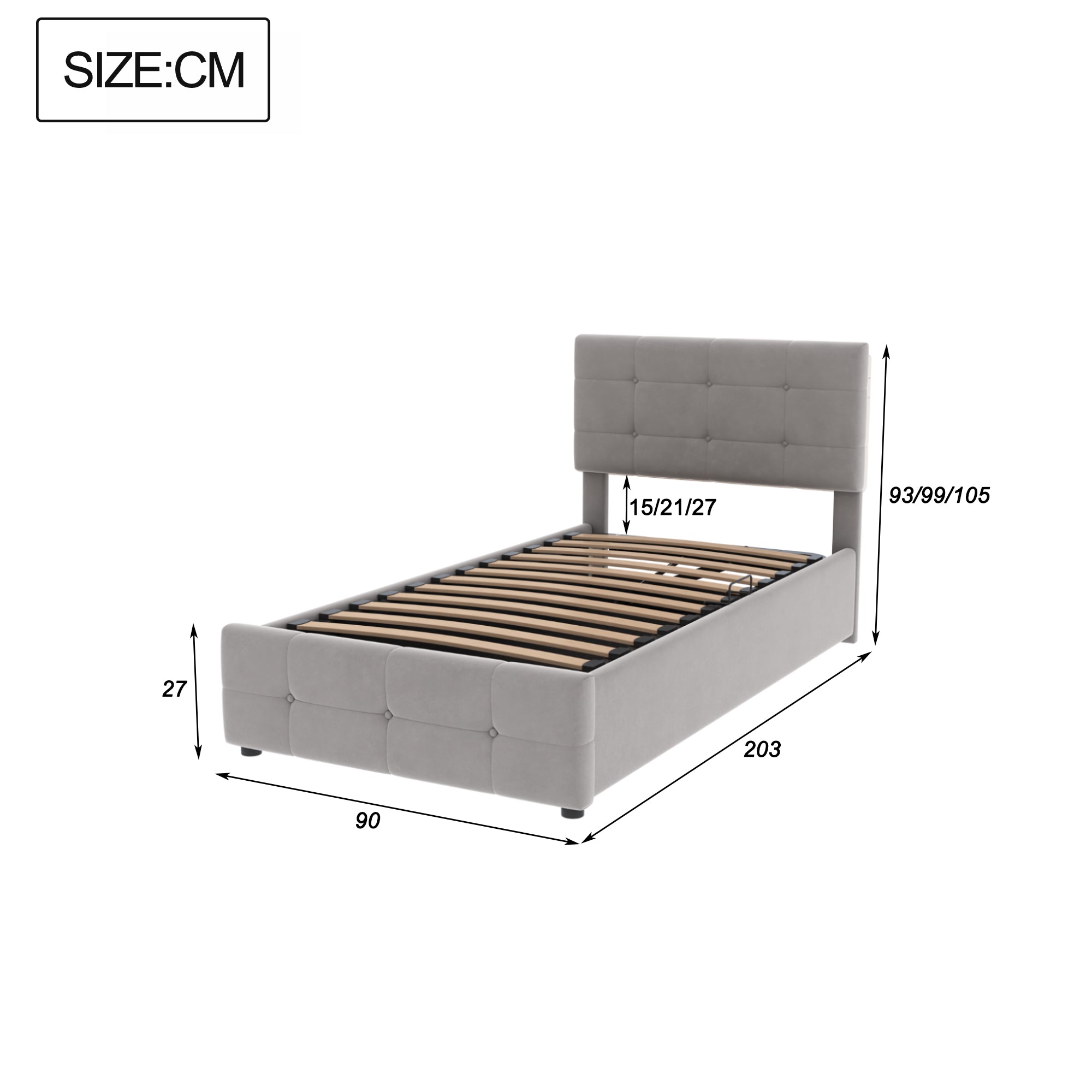 Children's Bed 90x200cm, Hydraulic Storage, Adjustable Headboard, Velvet Grey