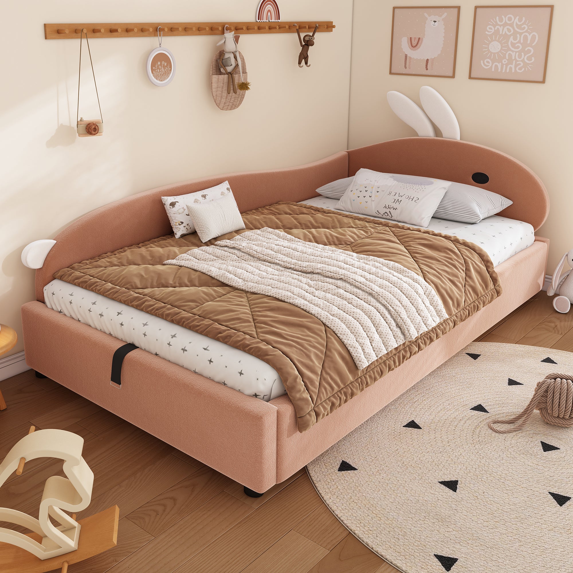 Upholstered Bed, Single Children's Hydraulic with Bunny Headboard, Velvet Pink+White