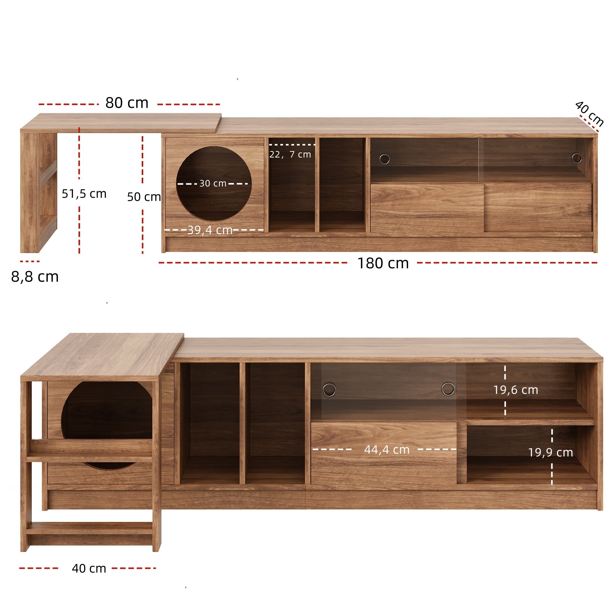 Modern rotating TV cabinet, multi-purpose extendable pet-friendly glass doors cat resting area, walnut color