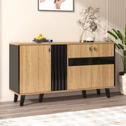 Sideboard with Storage, LED Light, and Glass Cabinet, Wood and Black