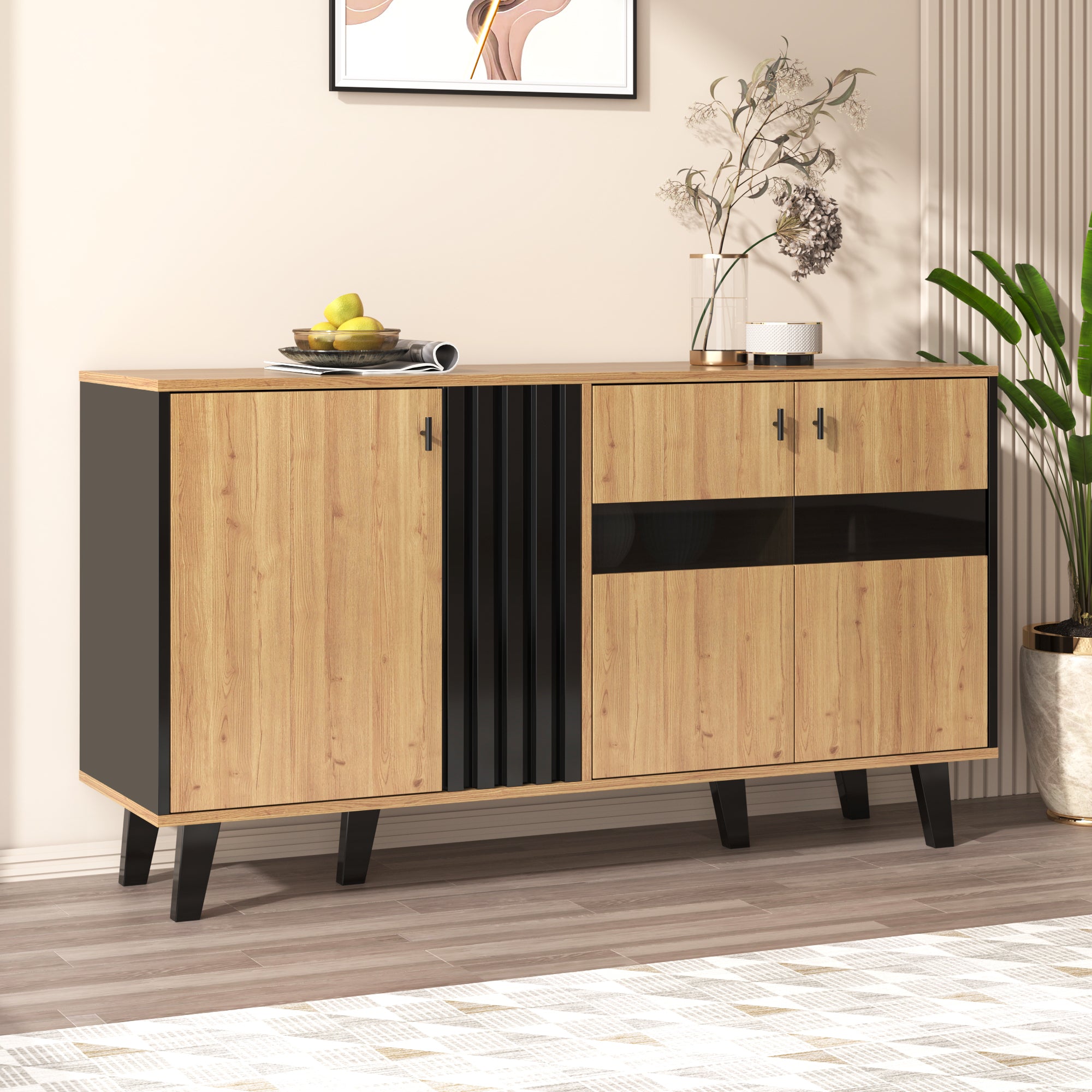 Sideboard with Storage, LED Light, and Glass Cabinet, Wood and Black