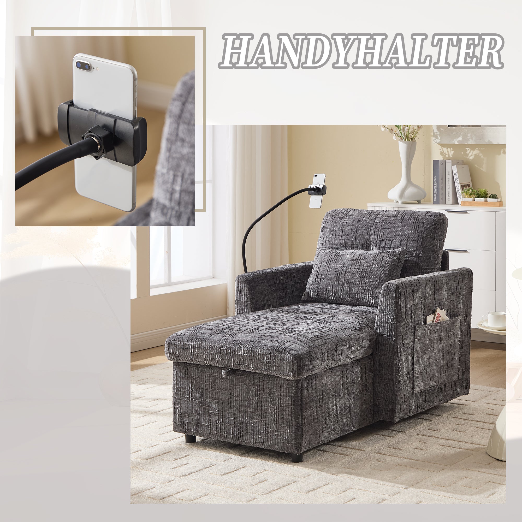Multifunctional Reclining Sofa, Lounge Chair Mobile Holder, Chenille Armchair