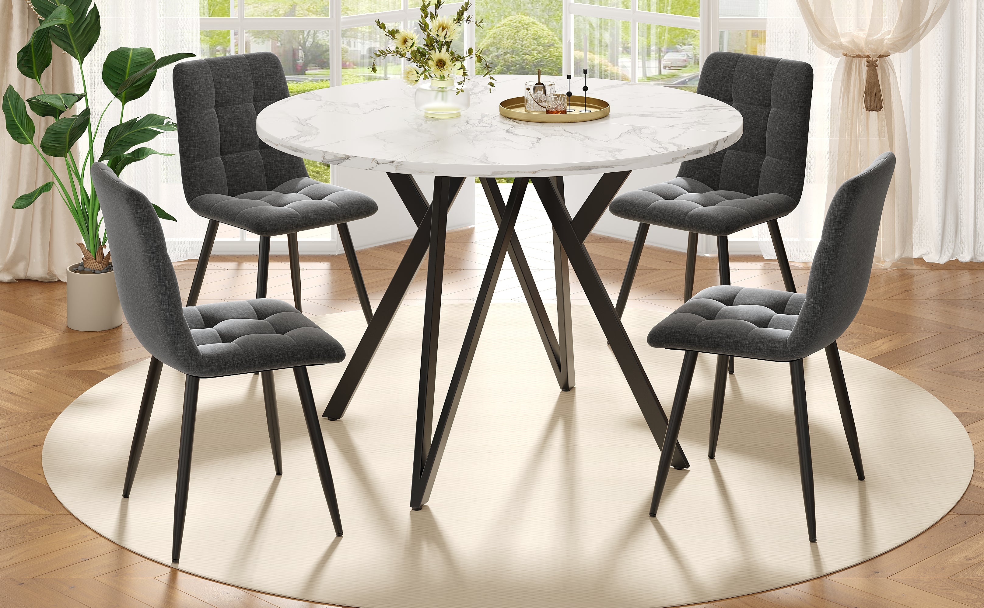 Round Dining Table 100x100cm 4-Seater Metal Legs MDF Marble Top - Black