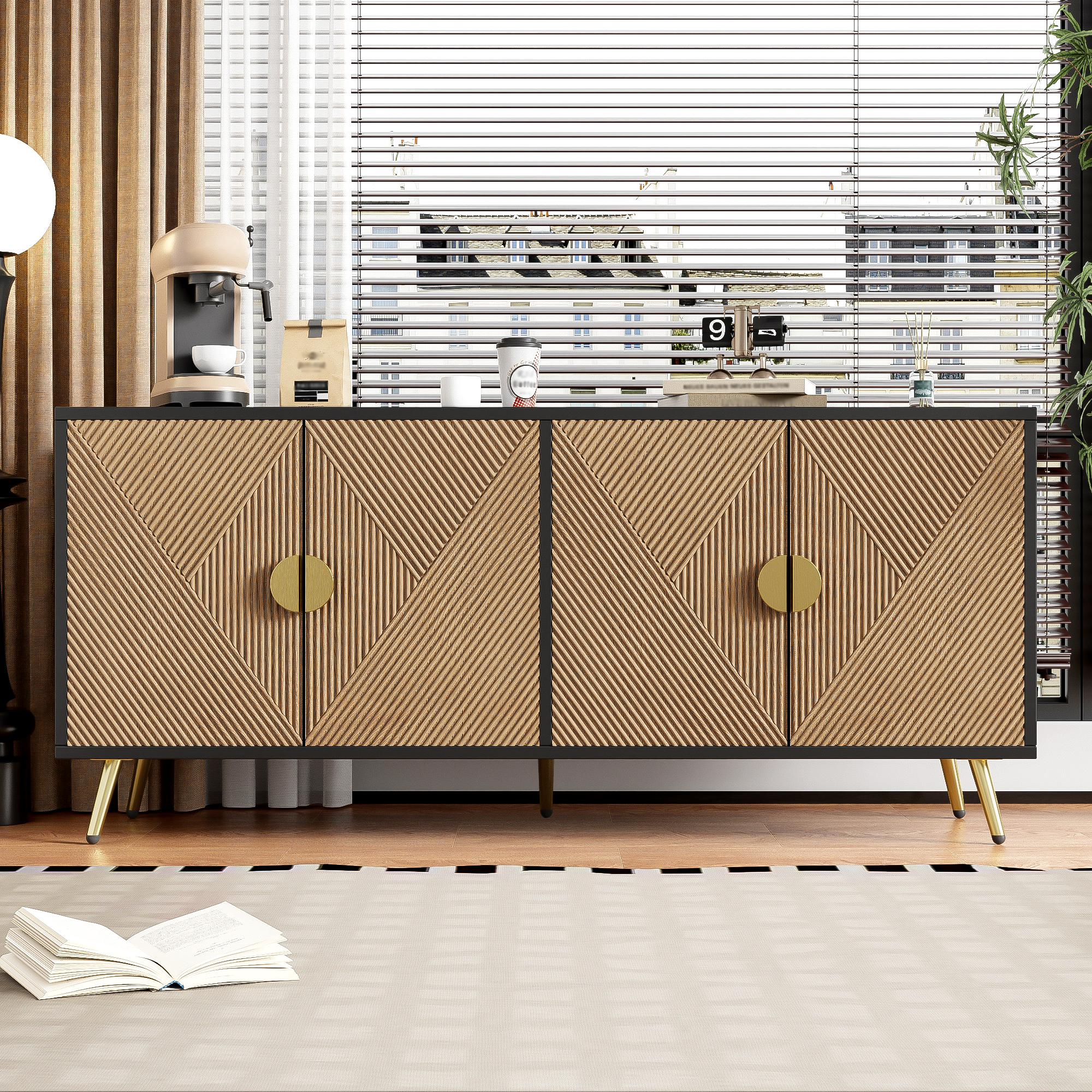 Sideboard, 160 cm, Four Doors, Golden Brushed Handles, High-Gloss Table Legs