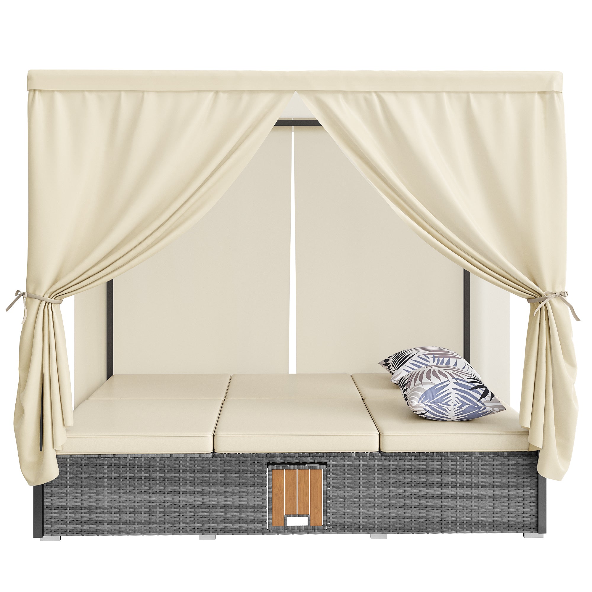 Rattan Garden Lounger Double Bed with Shade Curtain, Foldable & Table - Cream-White