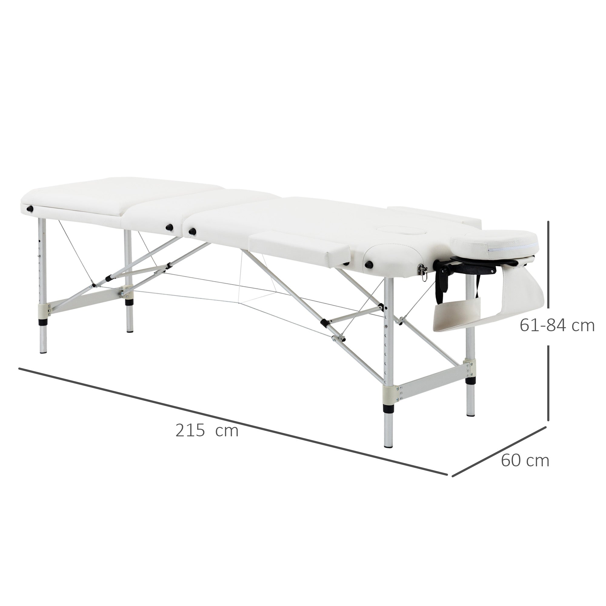 Foldable massage table, height-adjustable with pillow, white plastic & aluminum