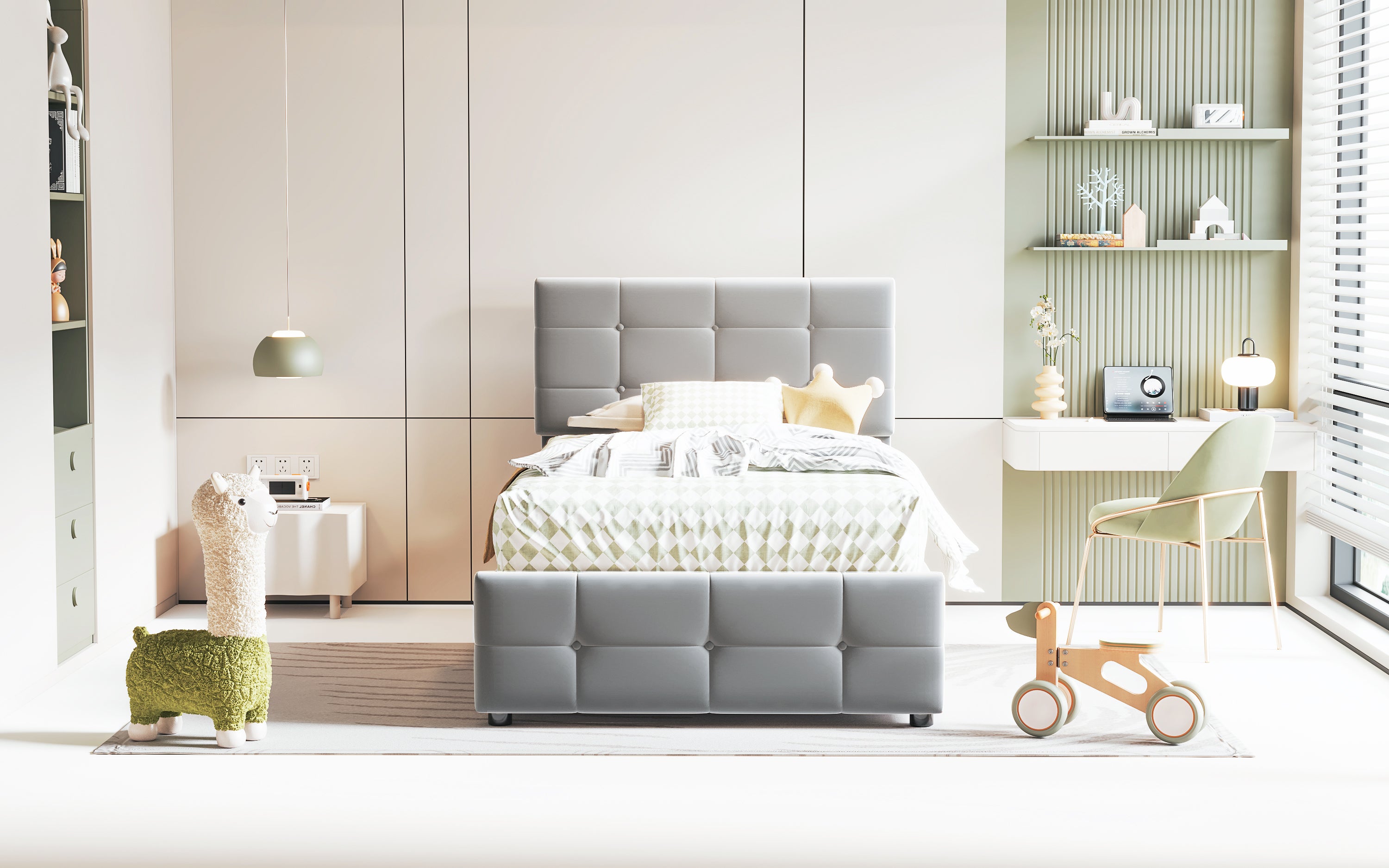 Children's Bed 90x200cm, Hydraulic Storage, Adjustable Headboard, Velvet Grey