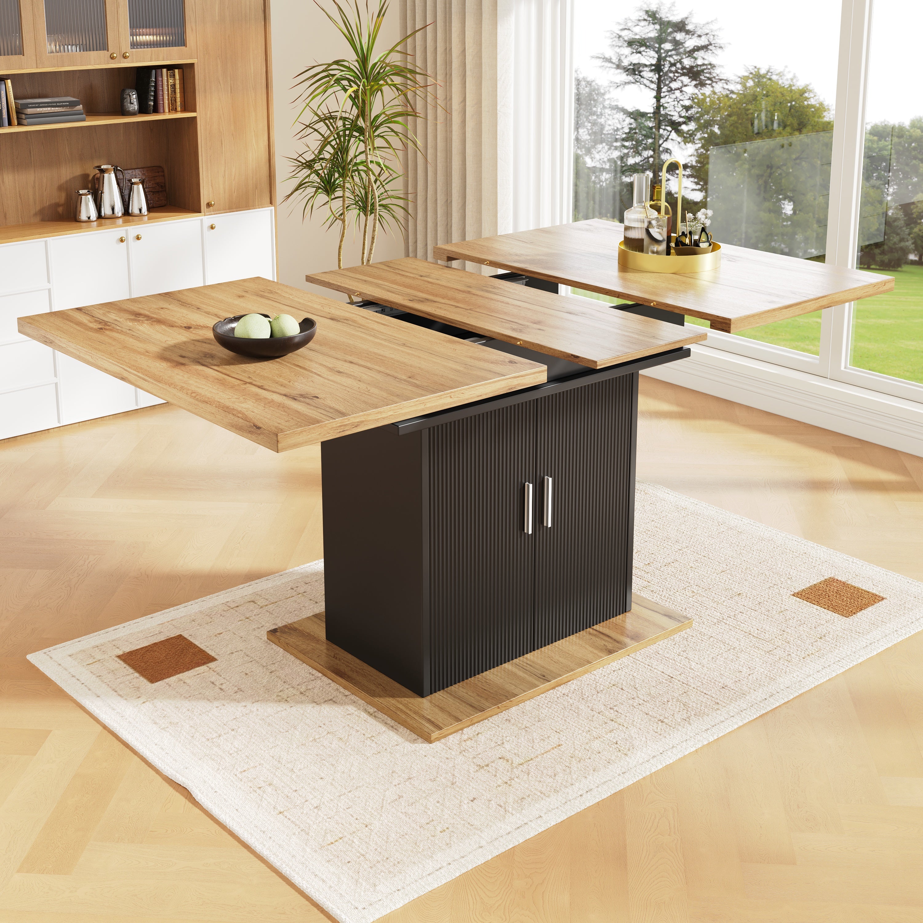 Telescopic Dining Table, Extendable with Storage, Natural & Black