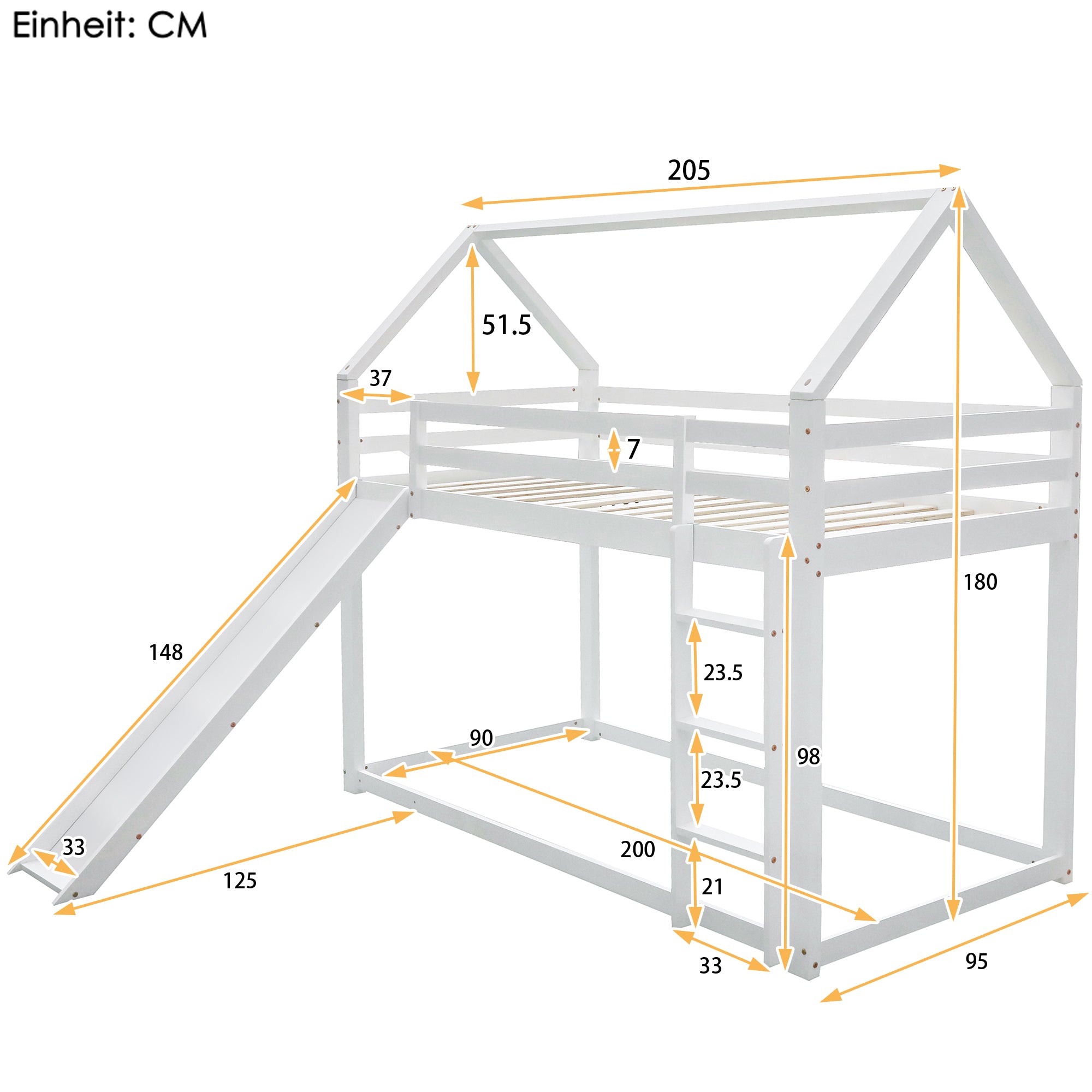 Single House Bunk Bed with Slide and Ladder, 90x200cm, White