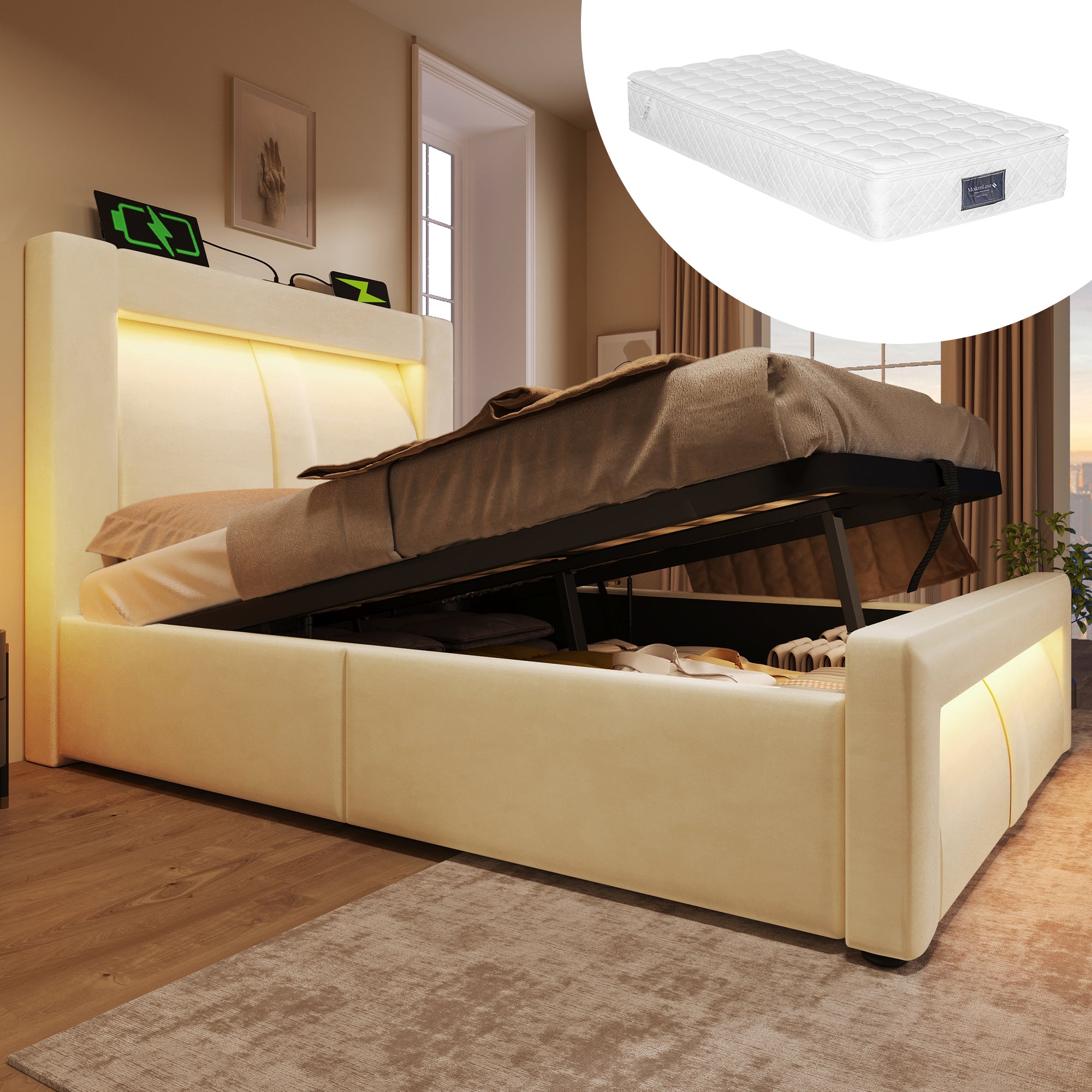 Single Bed 90x200 cm with Hydraulic Storage, LED Lighting, USB Ports and Mattress, Beige Velvet