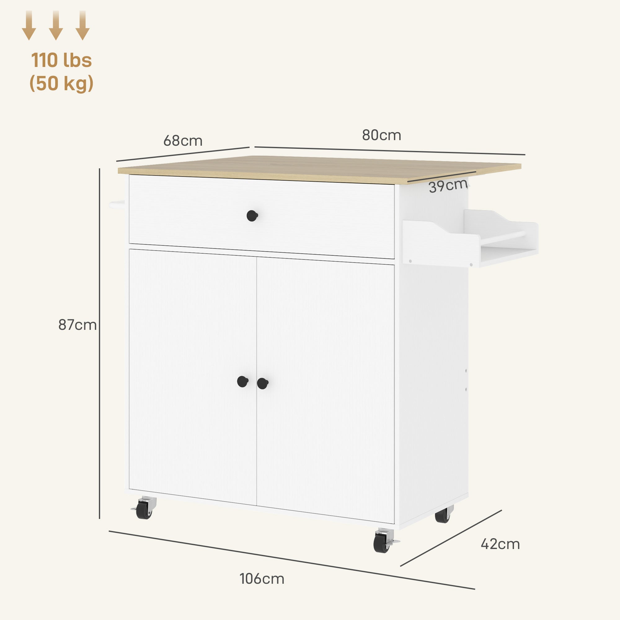 Kitchen Island, Folding Worktop & Storage, White