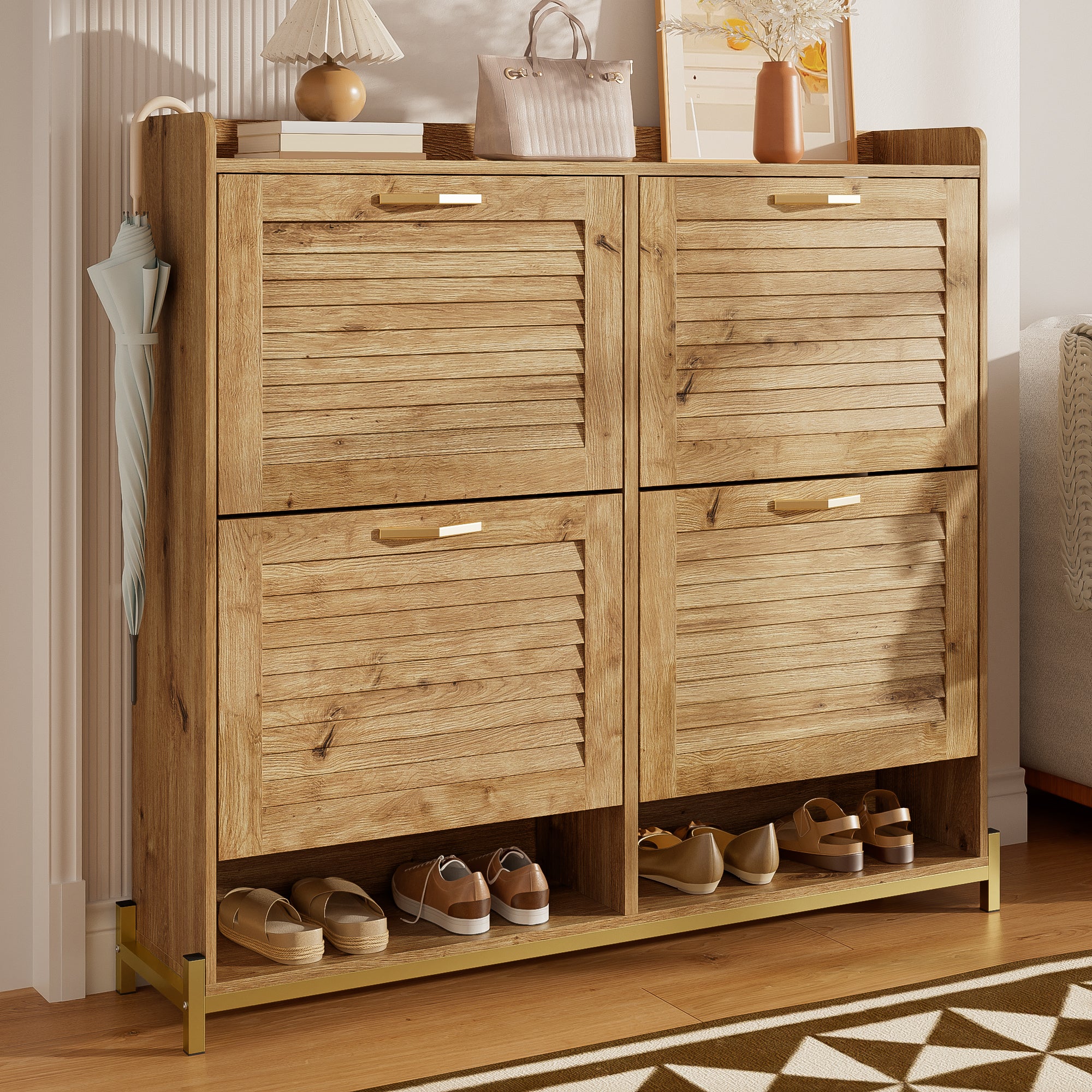 Modern Shoe Cabinet, 4 Doors, Metal Frame, Space-Saving, Wooden Slat
