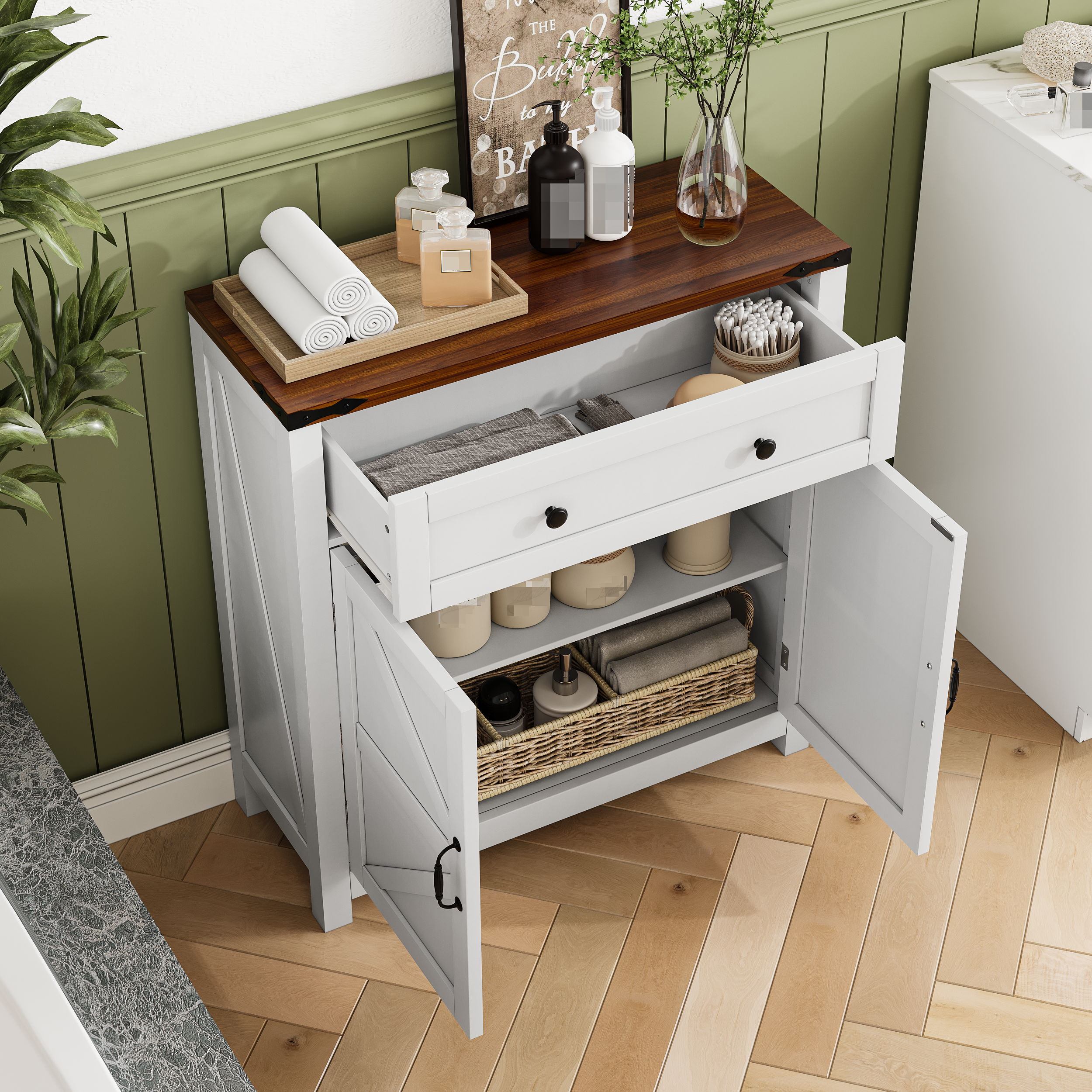 Farmhouse Storage Cabinets with Drawers and Adjustable Shelves, White with Walnut Countertops