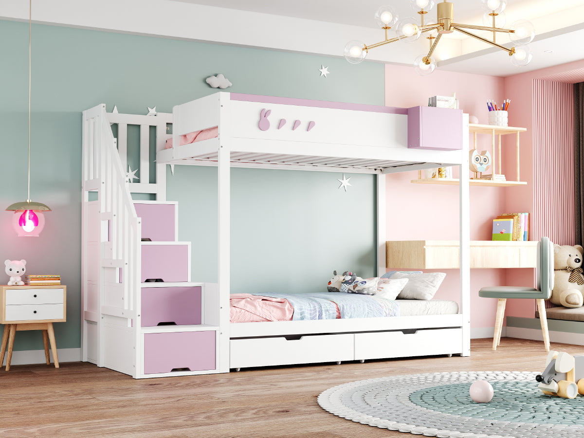 Children's Bunk Bed 90x200cm Rabbit & Carrot Motif Storage Ladder Drawers, White & Pink