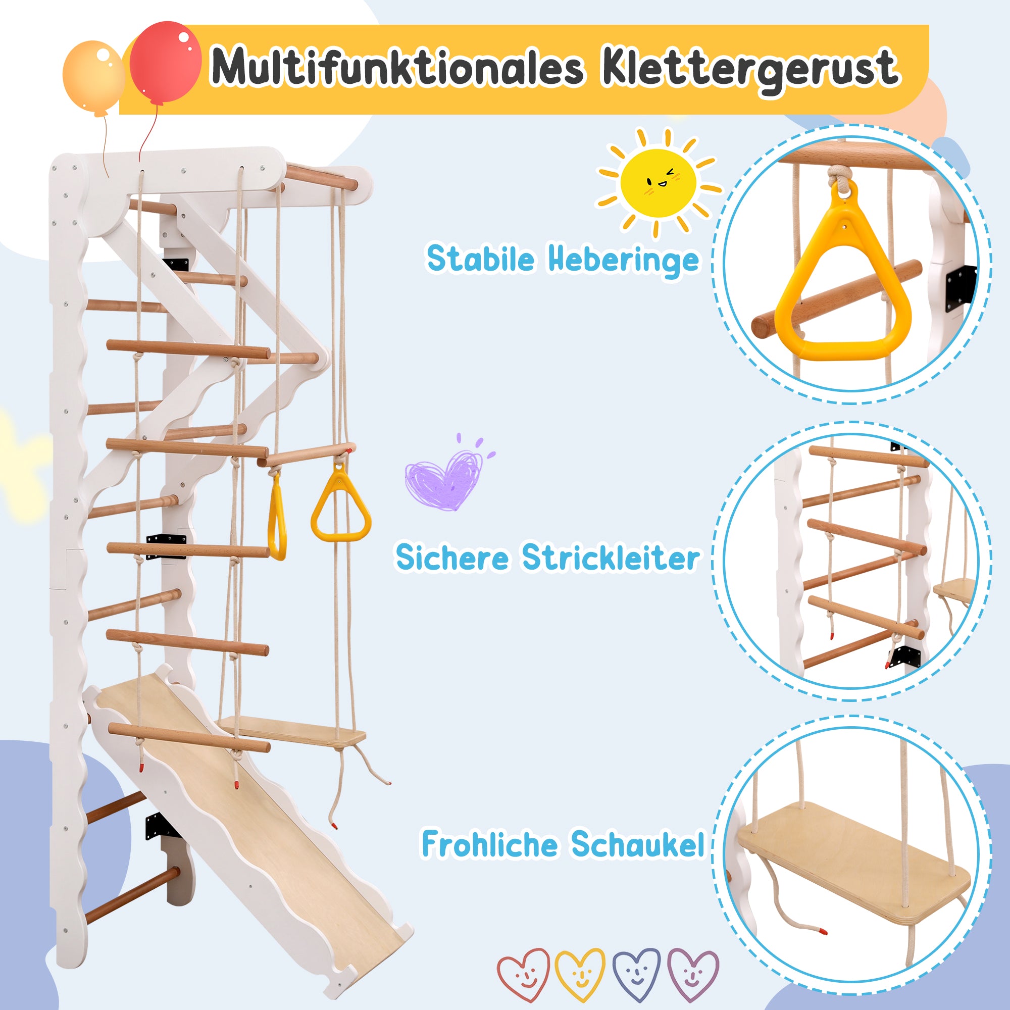 6-in-1 multifunctional climbing frame, wall bars, slide, swing, crawling ladder, pull-up area, rings, 50 kg, plywood, solid wood, beech
