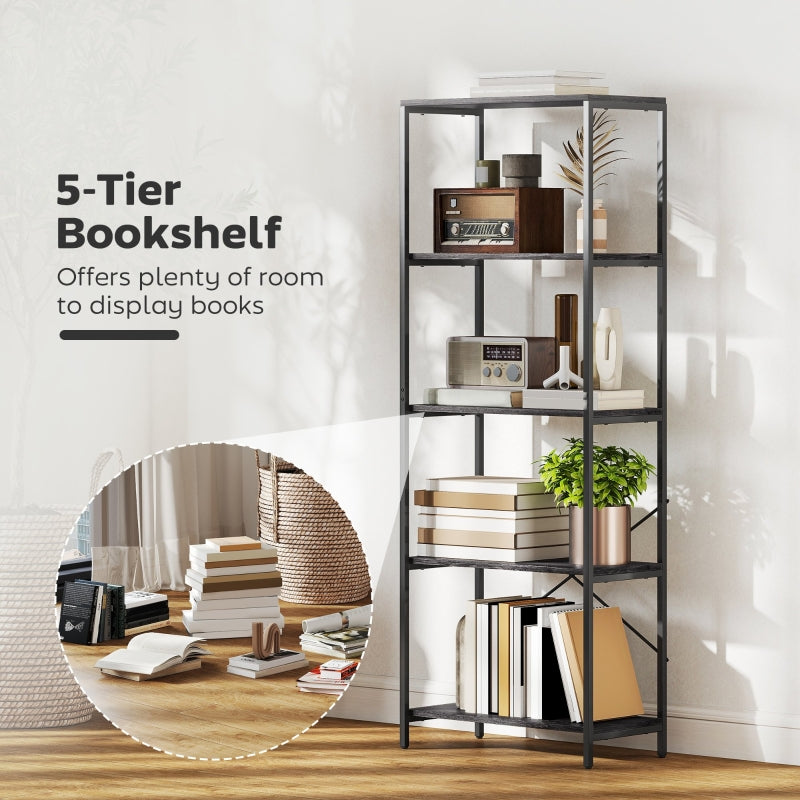 Bookshelf, 5-Tier Industrial Bookcase with Metal Frame, Dark Grey and Black