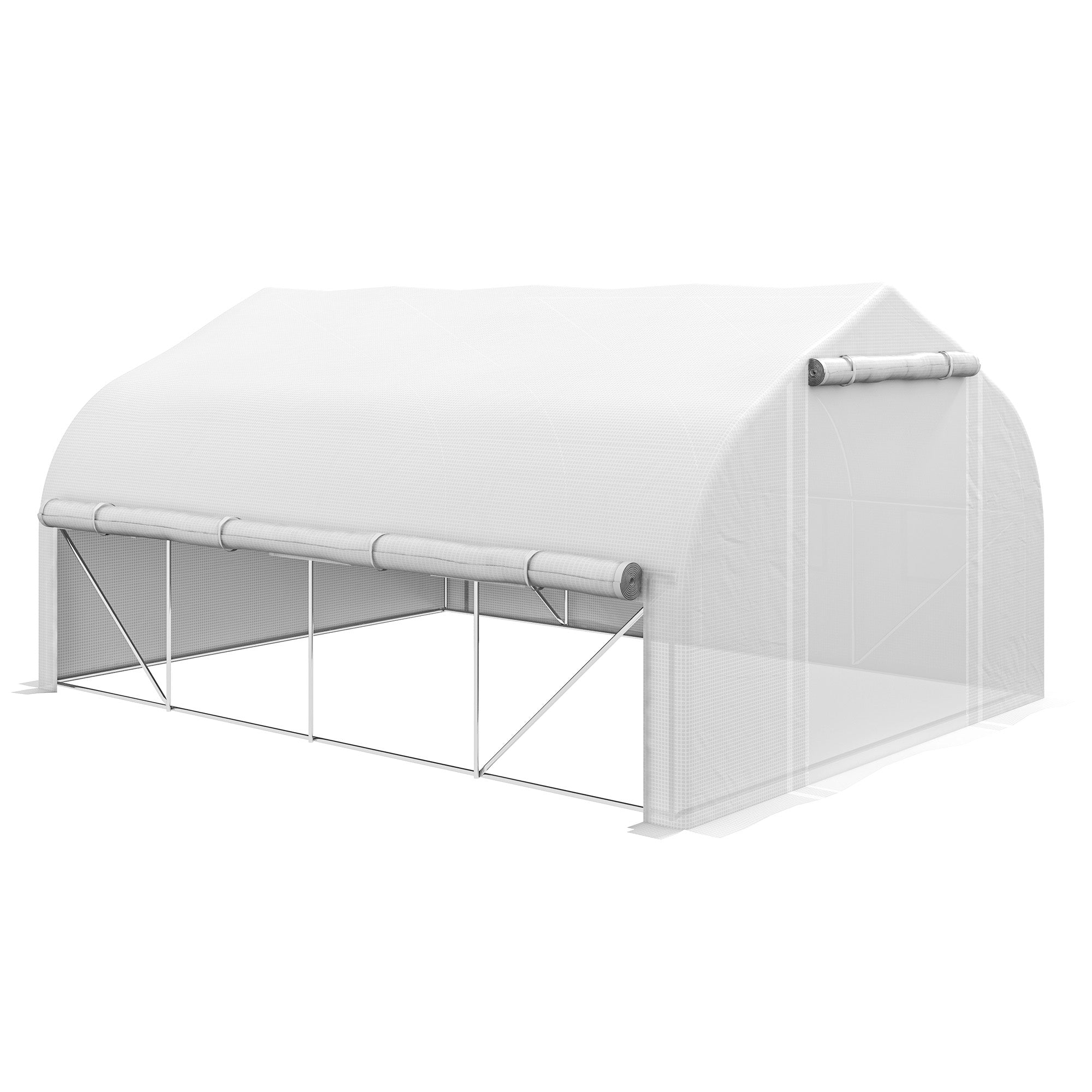 4 x 3m Walk-in Polytunnel Greenhouse, Zipped Roll Up Sidewalls, Mesh Door, 8 Mesh Windows, PE Cover, White