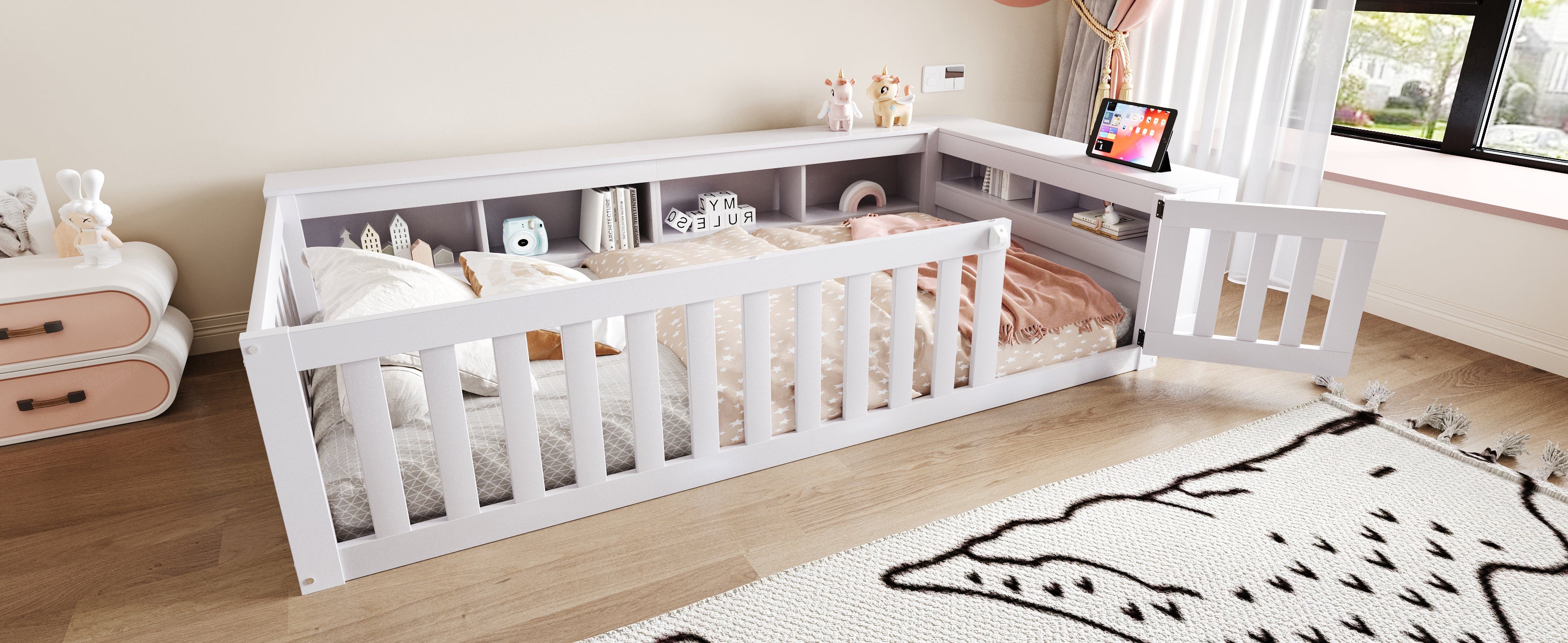 Multifunctional Children's Bed 90 x 200 cm, Storage, Safety Gate, Solid Wood, White