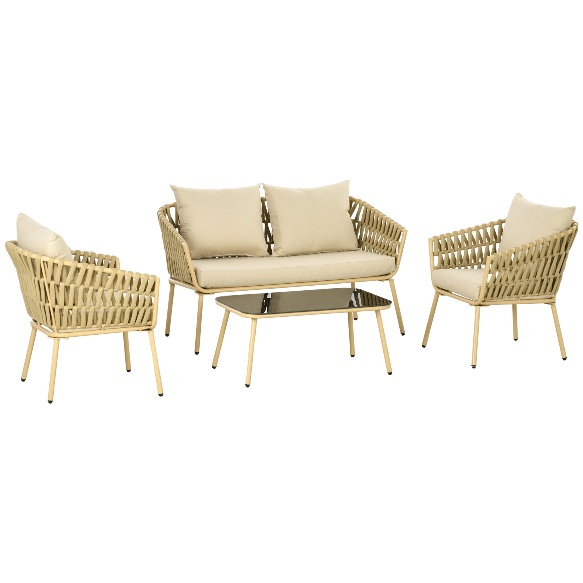 Rattan Garden Set 4-Piece with Coffee Table, 2 Armchairs, Double Sofa, Cushions - Khaki