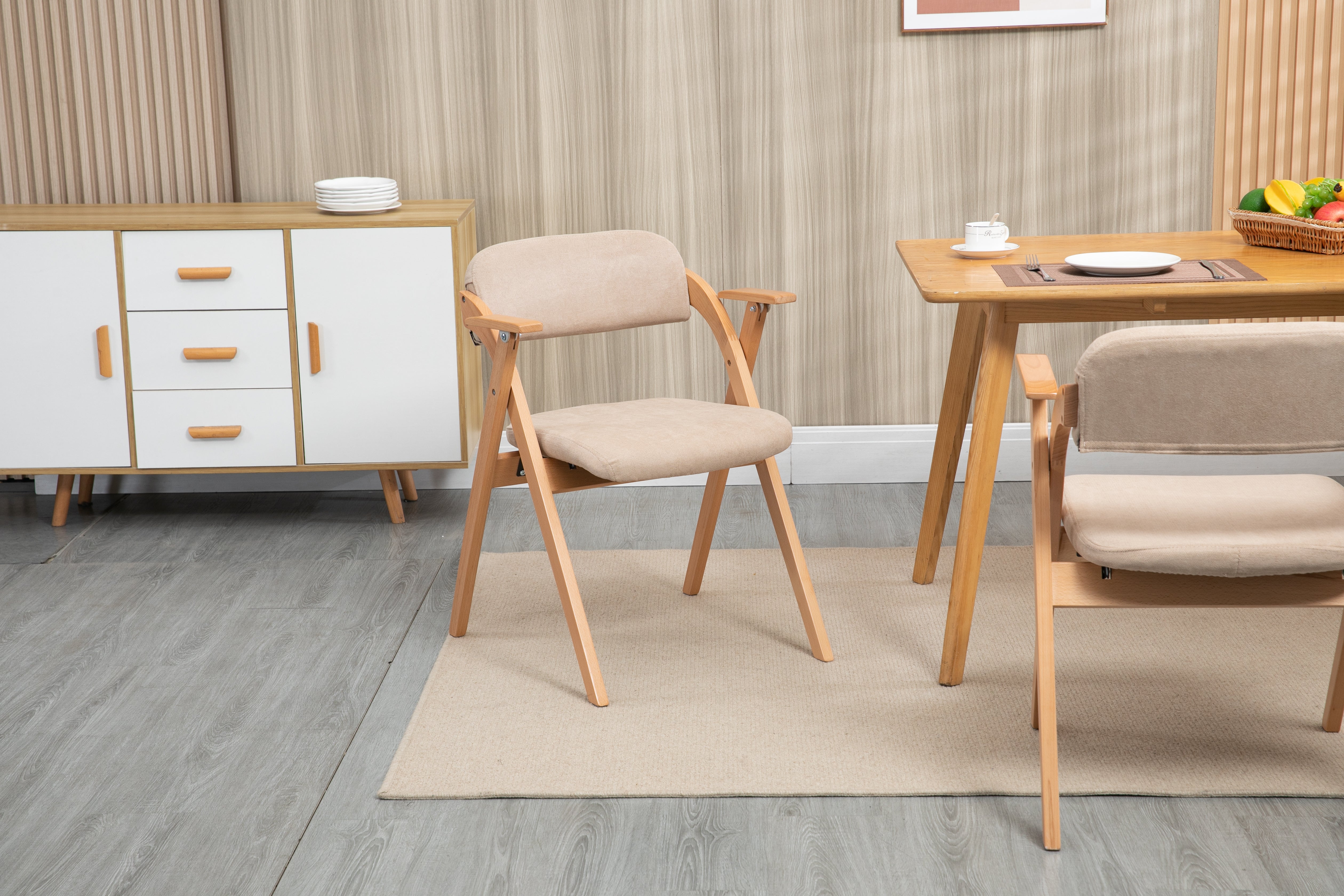 HOMEFUN Folding Dining Chairs, Padded Stackable with Armrest (Set of 2), Wooden Khaki