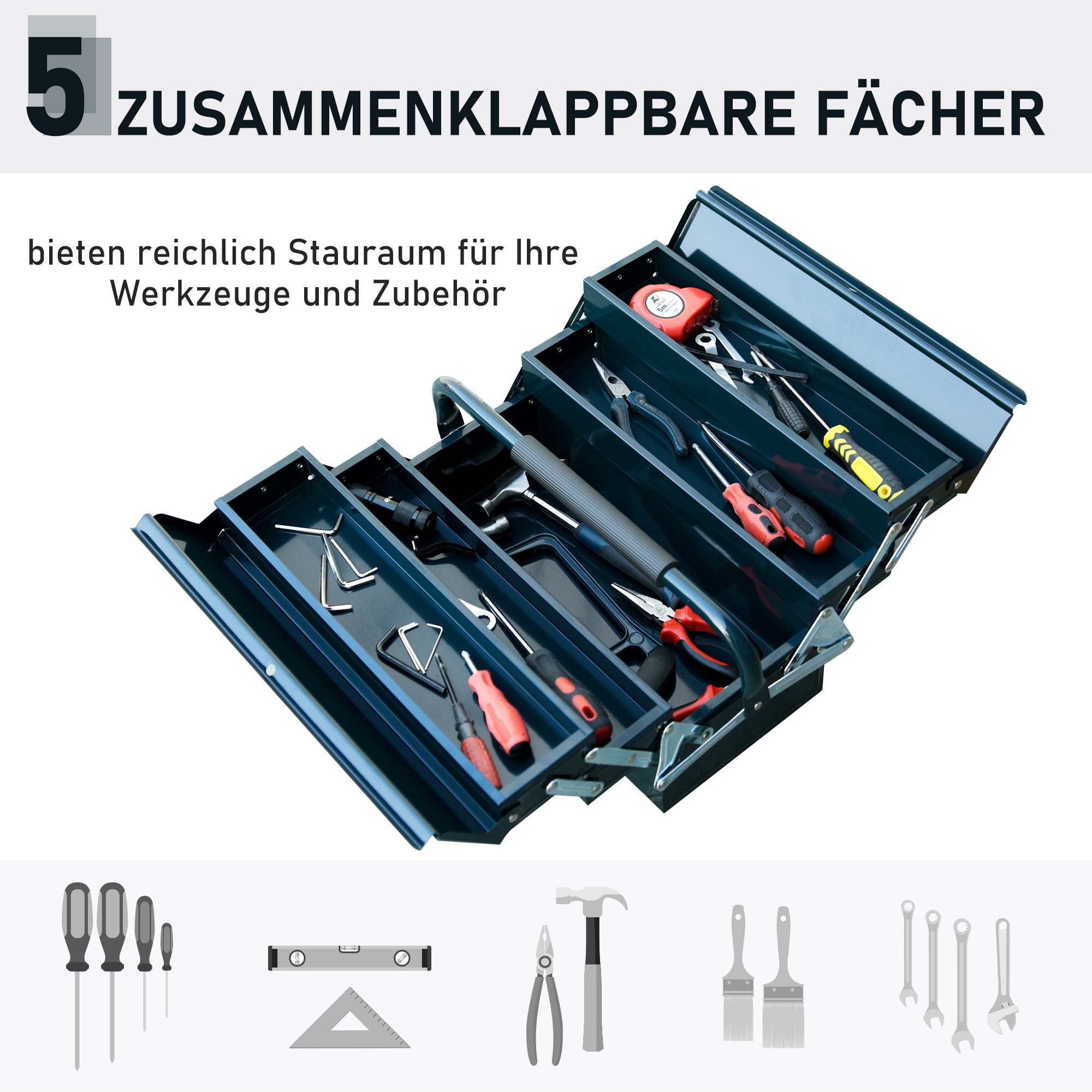 DURHAND tool case, 5 compartments, 57 x 21 x 41 cm, dark green steel