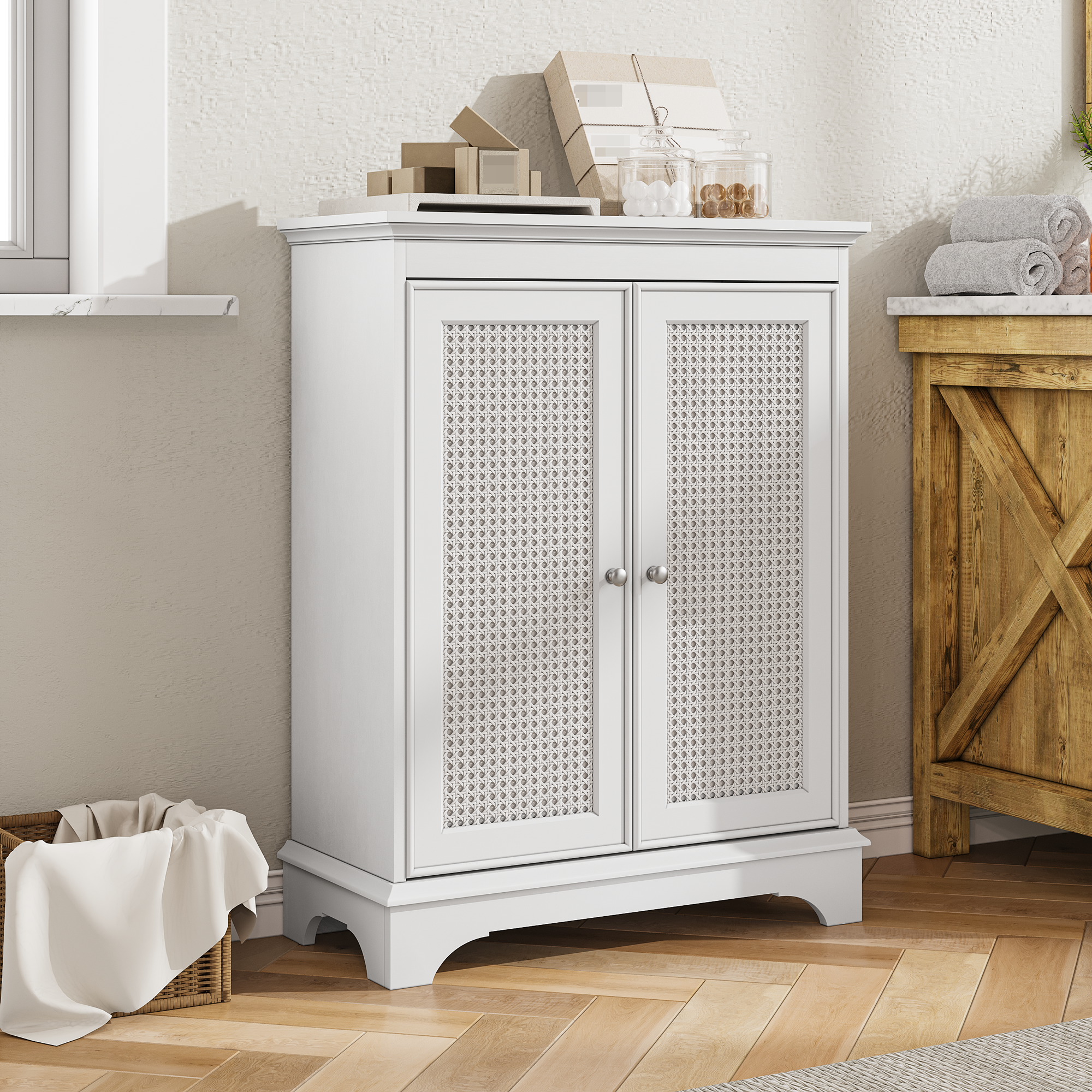 Bathroom Cabinet, Floor-Standing with Basket Door & Adjustable Shelf, White