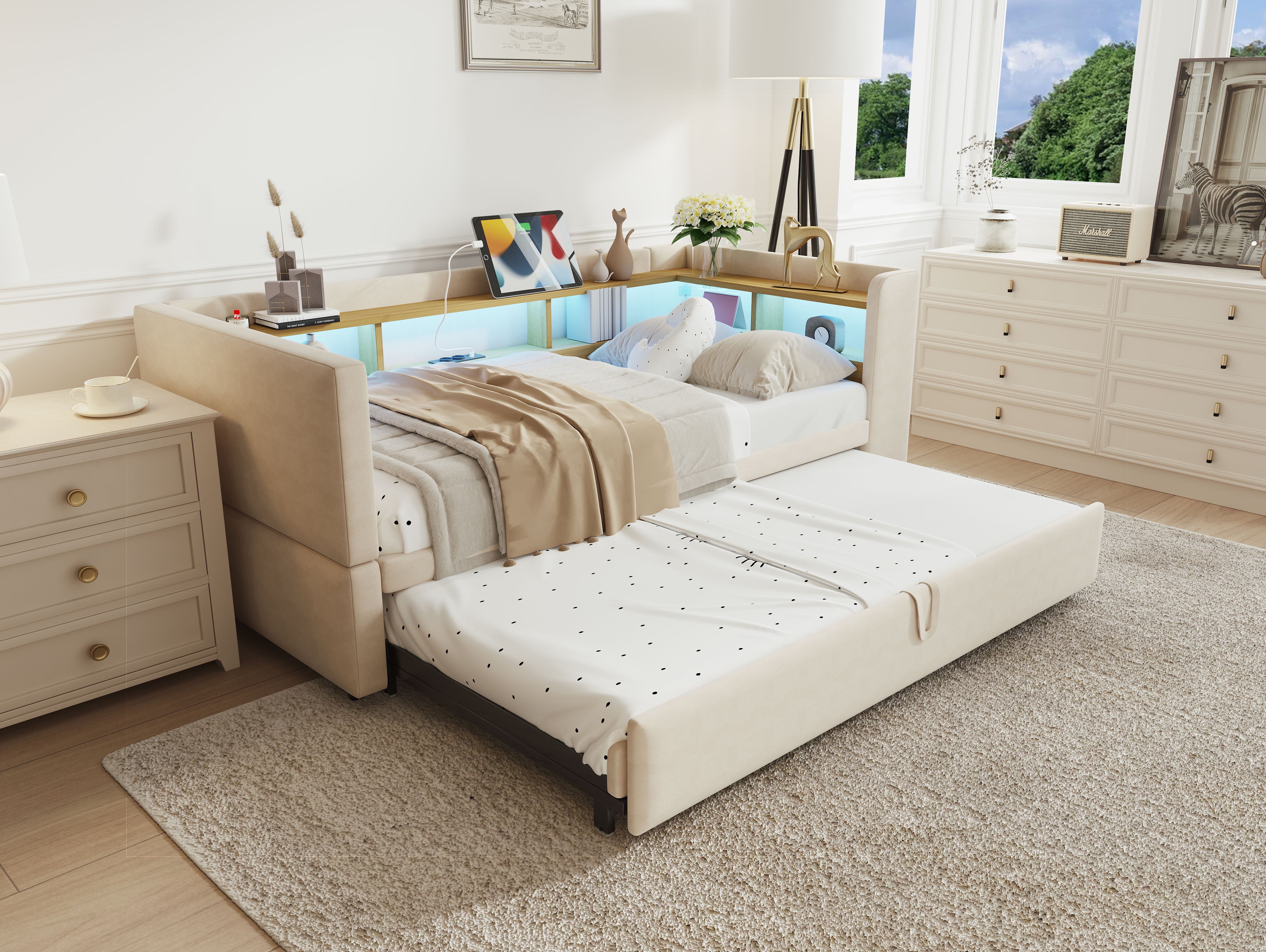 Multi-Functional Sofa Bed with Storage, LED Lighting & USB/Power Outlets, Beige