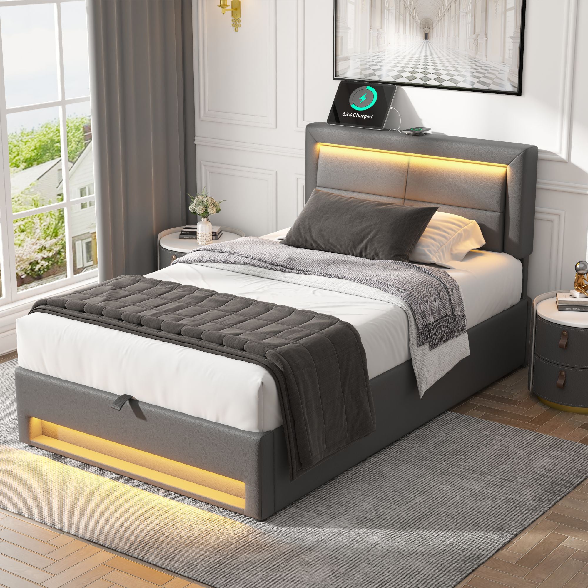 Upholstered Bed 90x200cm LED Storage USB/Wireless Charging - PU Lychee Grey