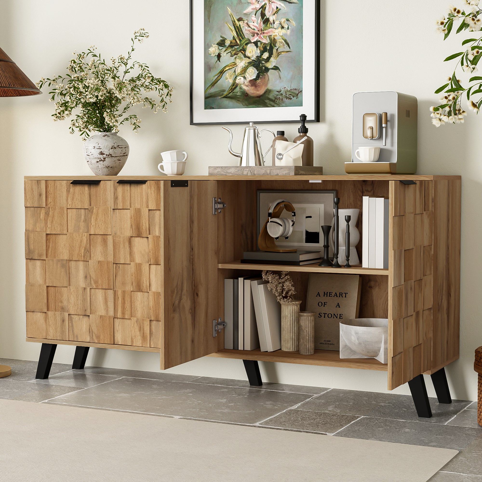 Sideboard, 4 Doors Storage, Wood Color